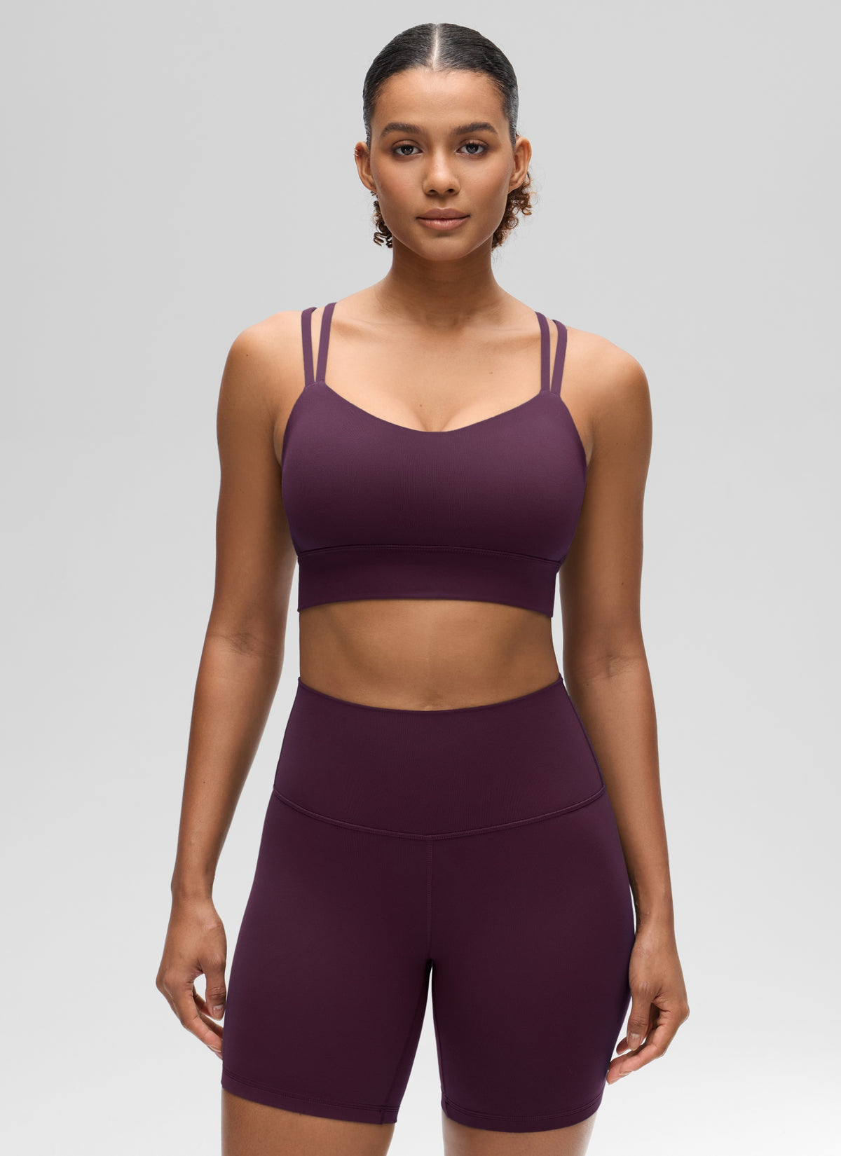 CRZ YOGA Womens Butterluxe Strappy Longline Criss Cross Molded Cup Bra Deep Purple @model_info:Barbara