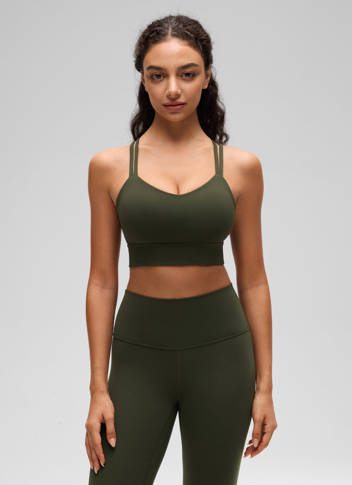 CRZ YOGA Womens Butterluxe Strappy Longline Criss Cross Molded Cup Bra Olive Green @model_info:Anano