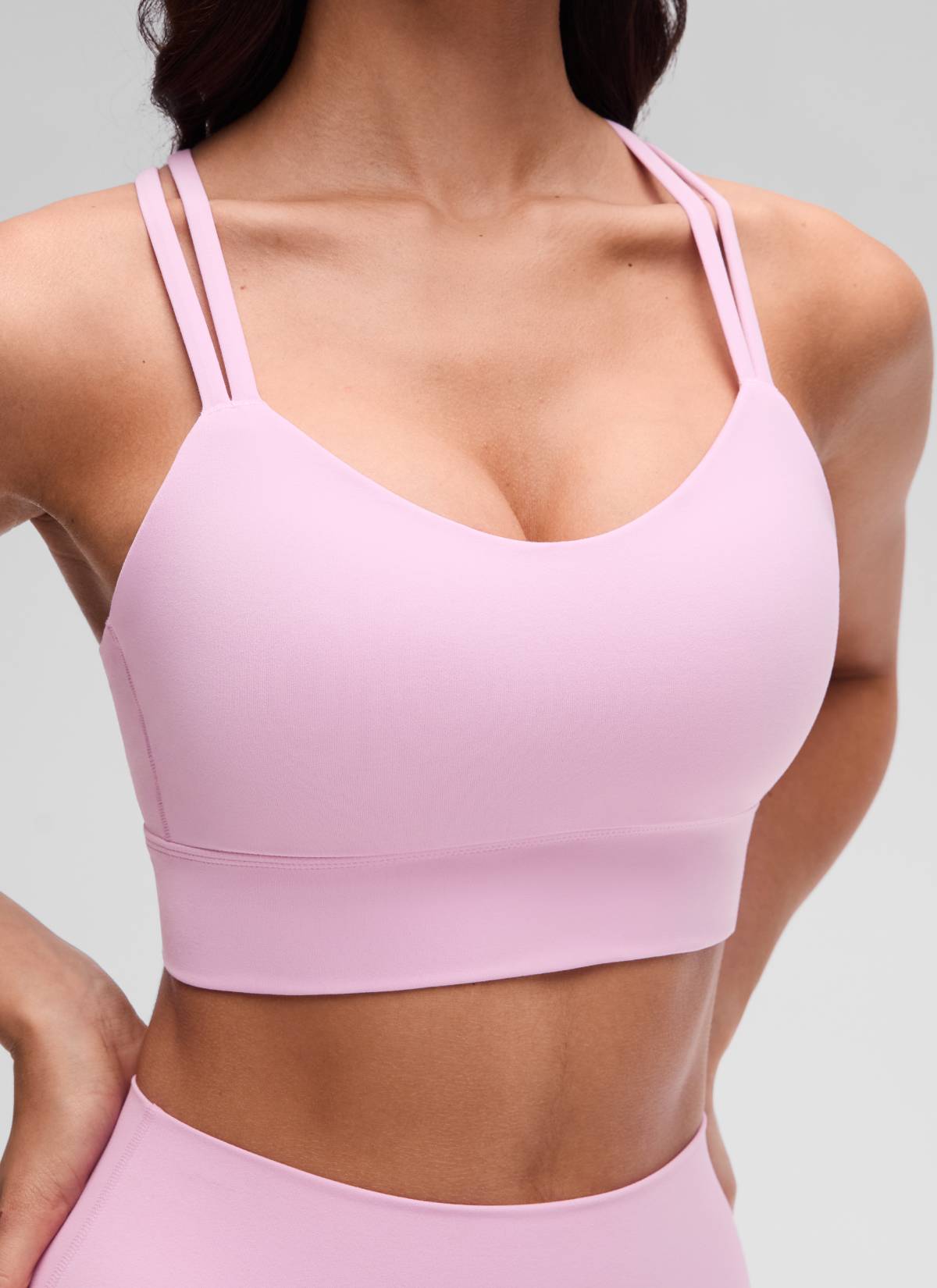 CRZ YOGA Womens Butterluxe Strappy Longline Criss Cross Molded Cup Bra Vita Pink @model_info:Maysa