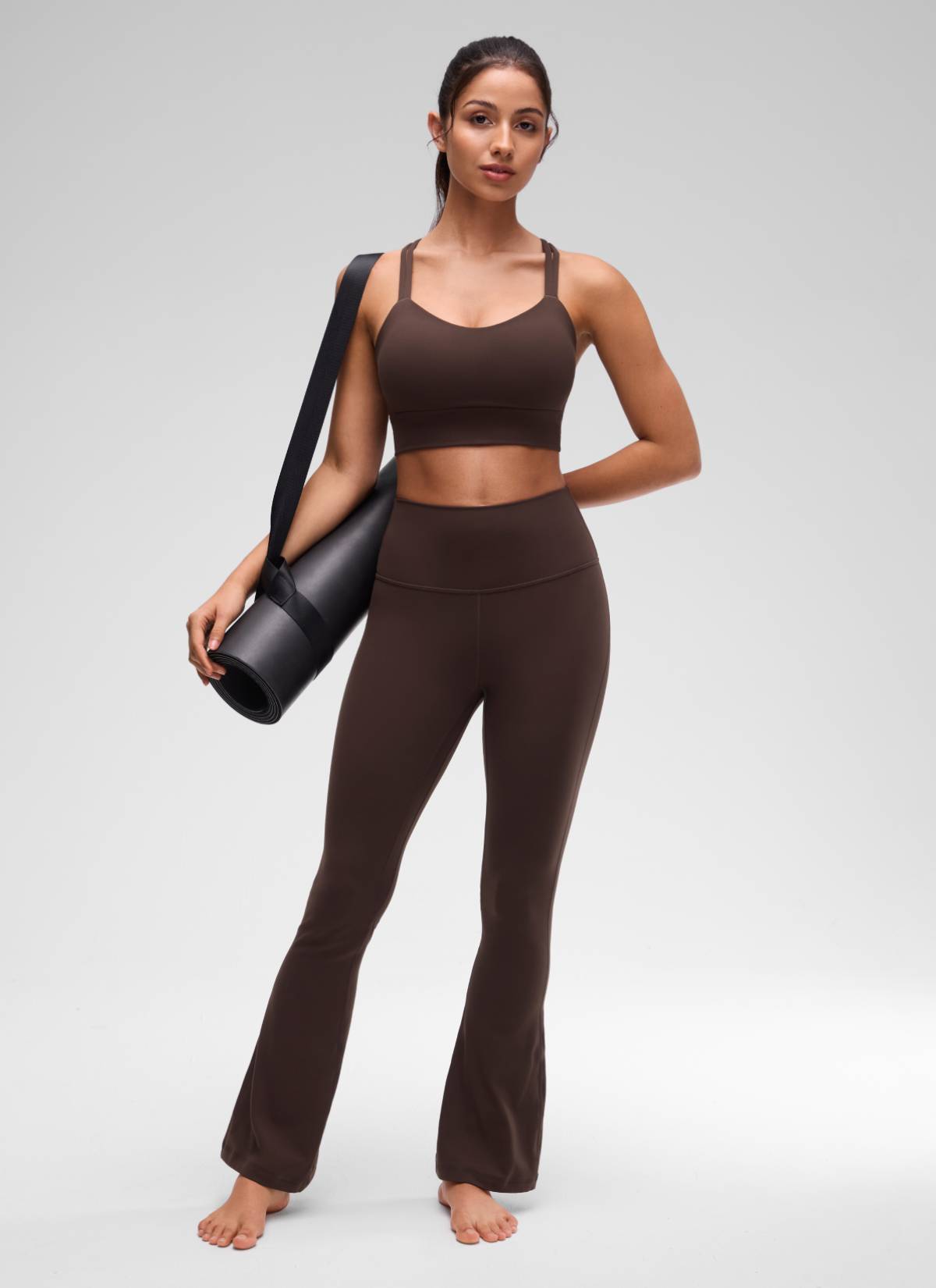 CRZ YOGA Womens Butterluxe Strappy Longline Criss Cross Molded Cup Bra Hot Fudge Brown @model_info:Maysa