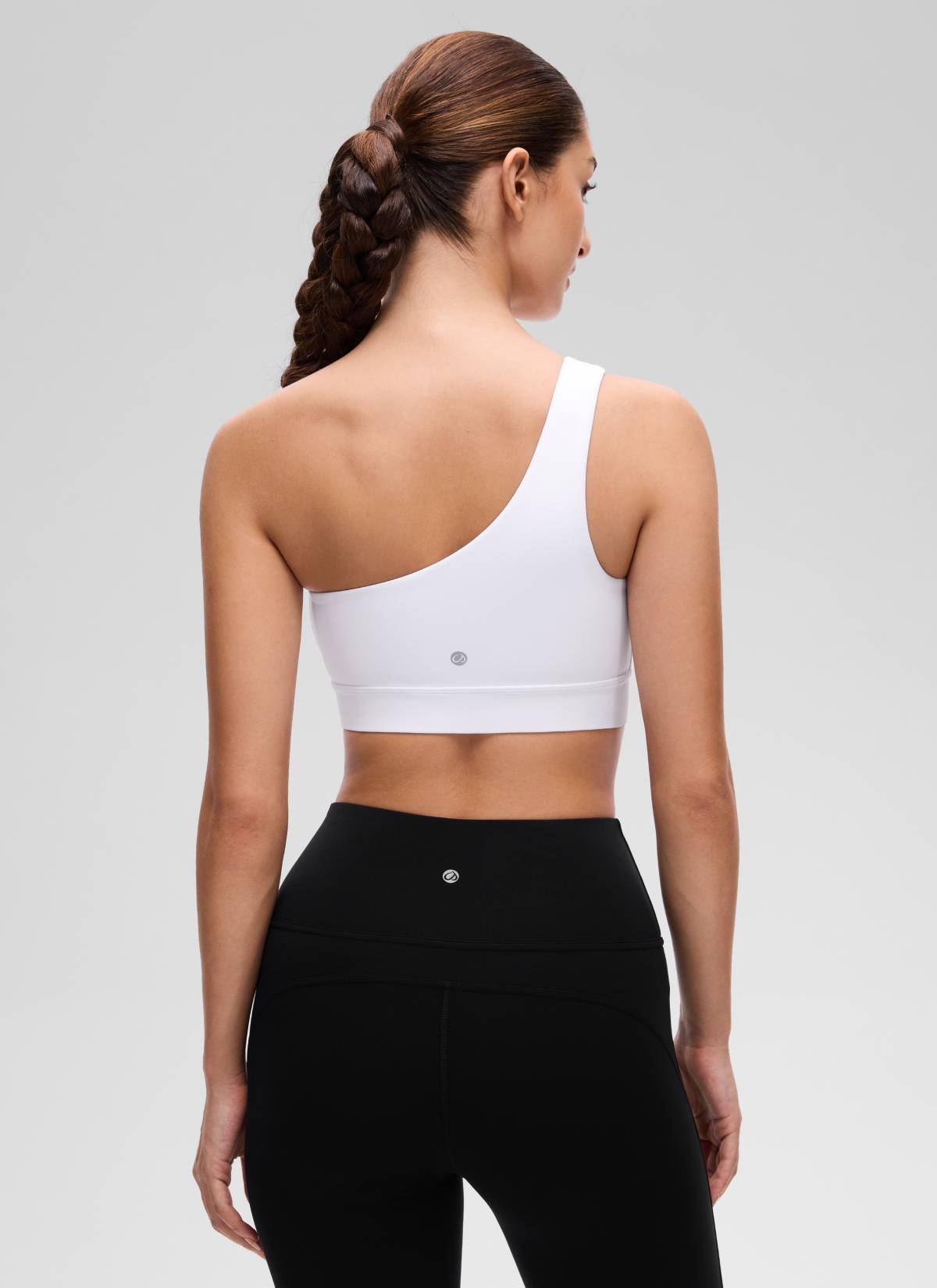 CRZ YOGA Butterluxe Womens One Shoulder Sports Bra Asymmetrical Padded White @model_info:Inga