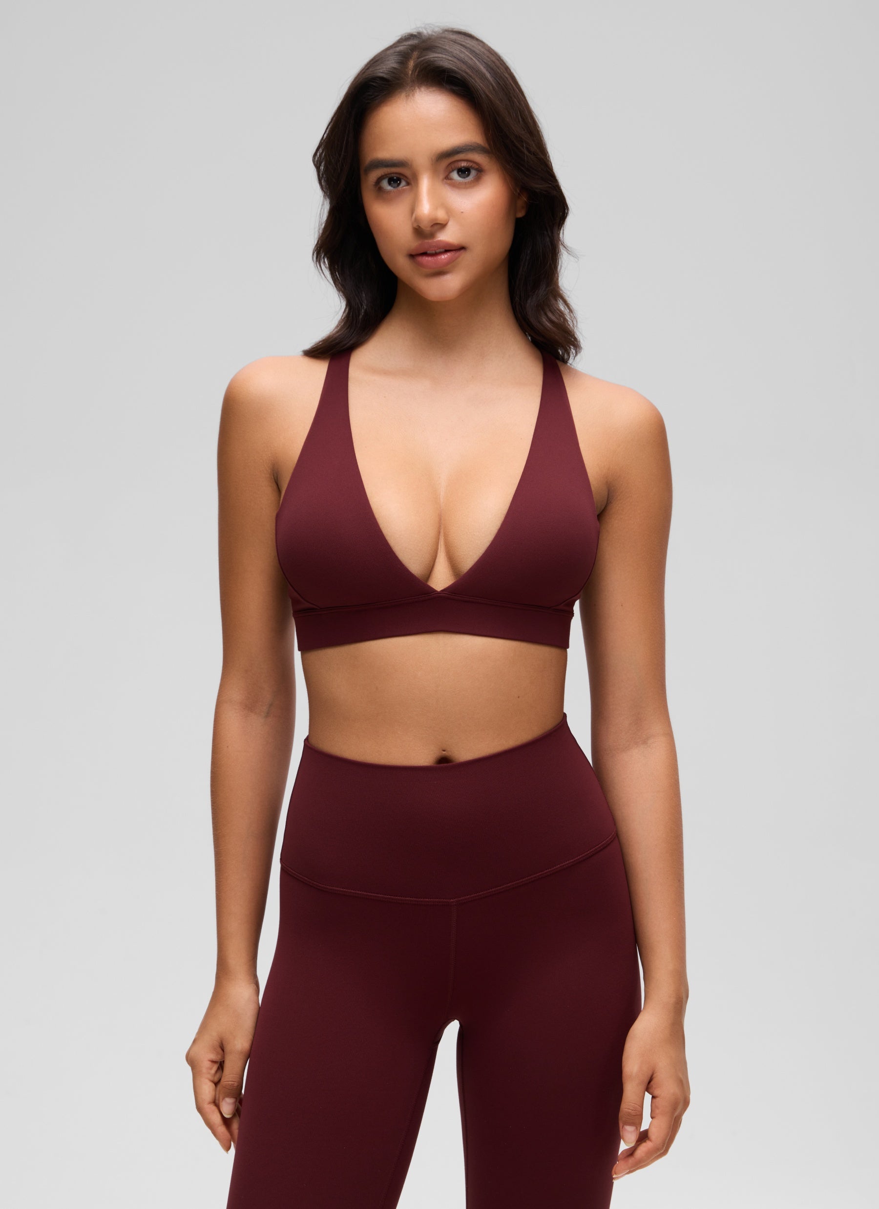 CRZ YOGA Women's Light Support Butterluxe Yoga Bra Strappy back V Neck Red Merlot @model_info:Liss
