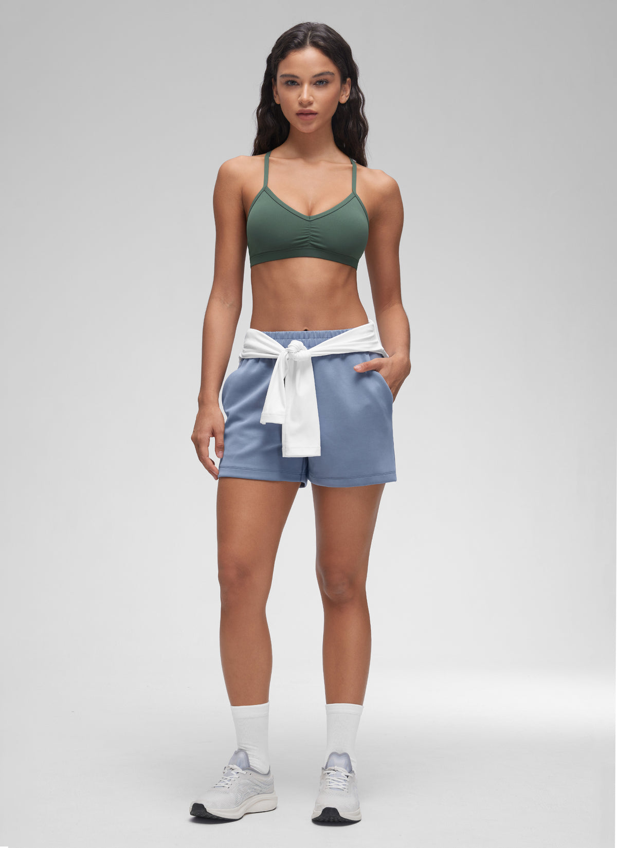 CRZ YOGA Butterluxe Womens Ruched V Neck Yoga Padded Sports Bra Dark Forest Green @model_info:Winma