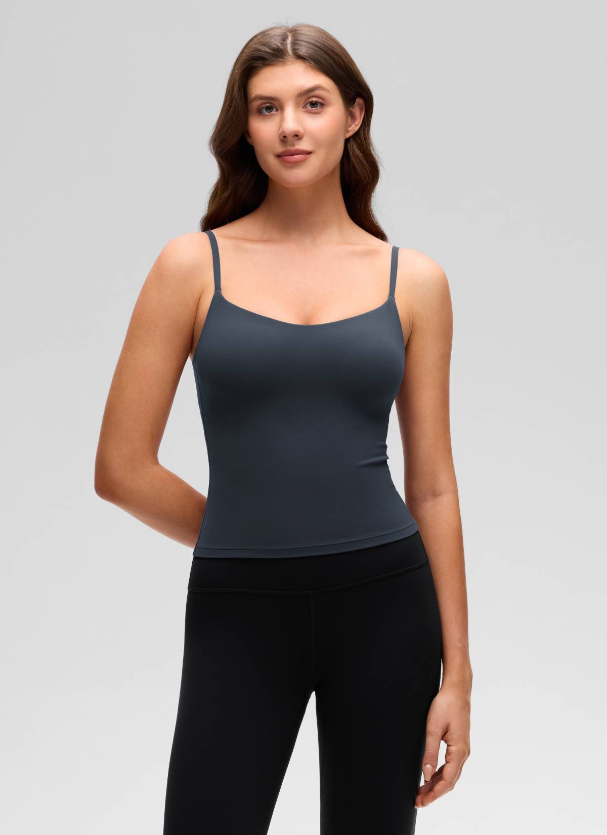 CRZ YOGA Women's Butterluxe Yoga U Back Waist Length Built in Bra Tank True Navy @model_info:Gelya