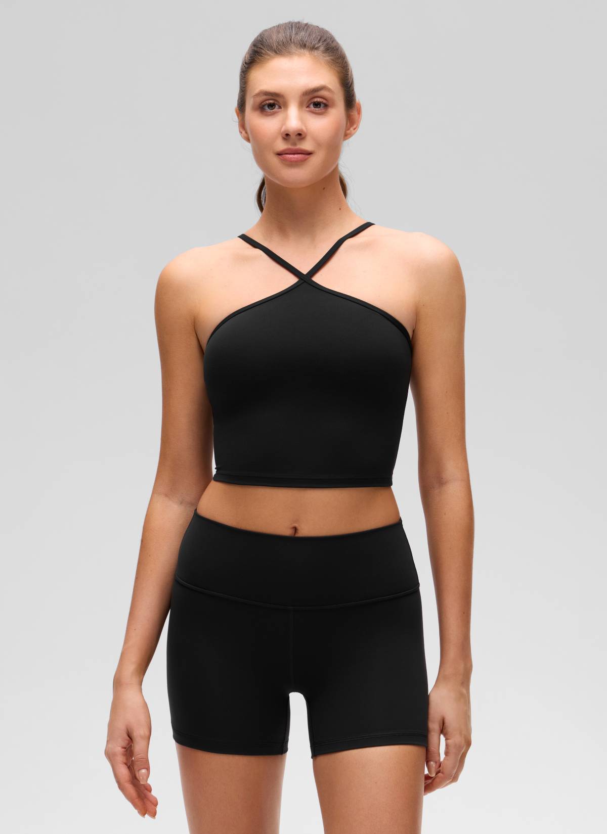 CRZ YOGA Women's Butterluxe Yoga Cross Halter Crop Built in Bra Tank Black @model_info:Gelya