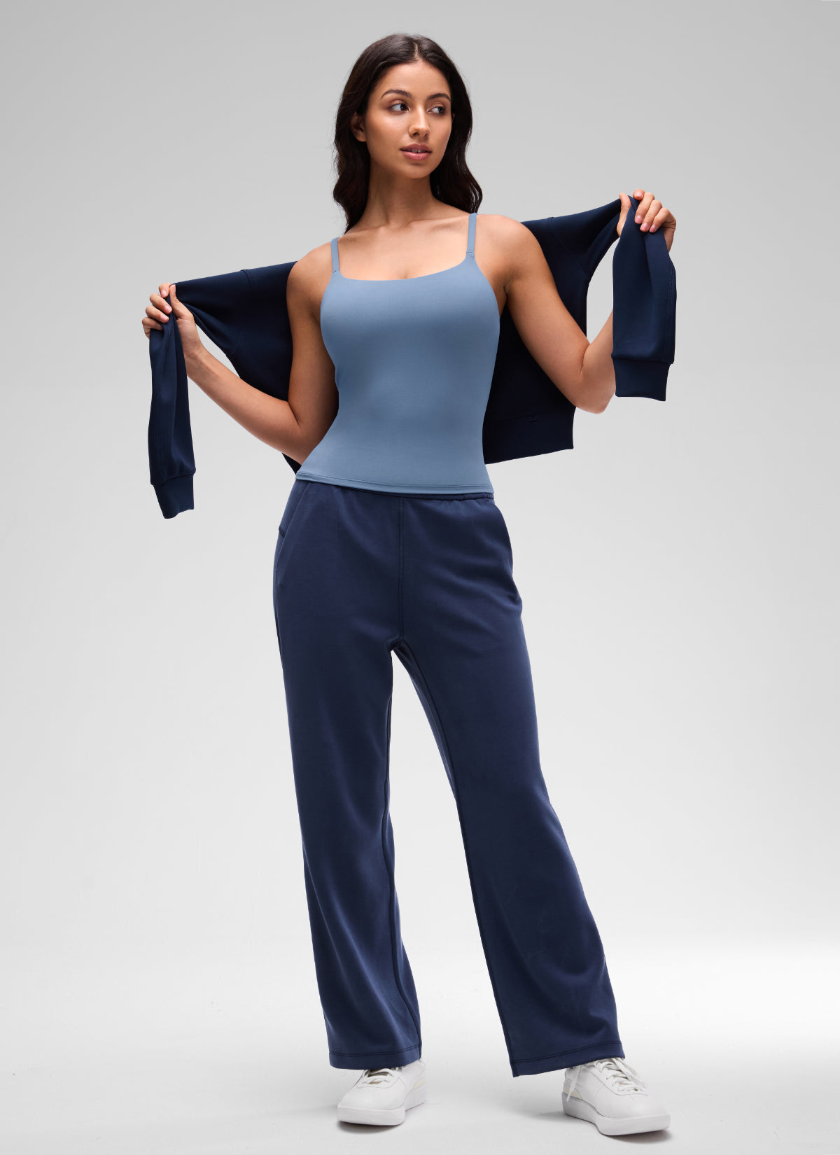 CRZ YOGA Women's Yoga Softretch U Back Waist Length Built in Bra Tank Washed Denim @model_info:Maysa