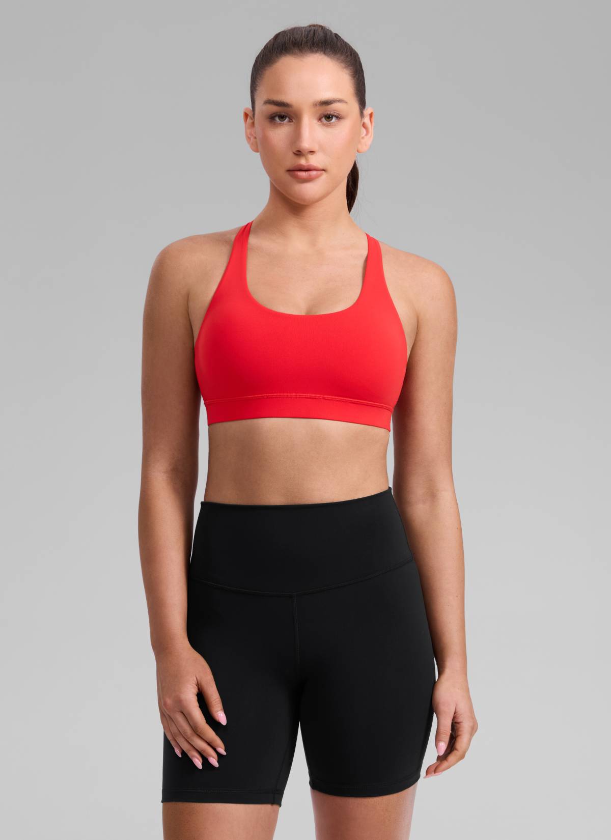 CRZ YOGA Women's Nakedfeel Training U Neck Criss Cross Back Sports Bra Deep Red @model_info:Brooklyn