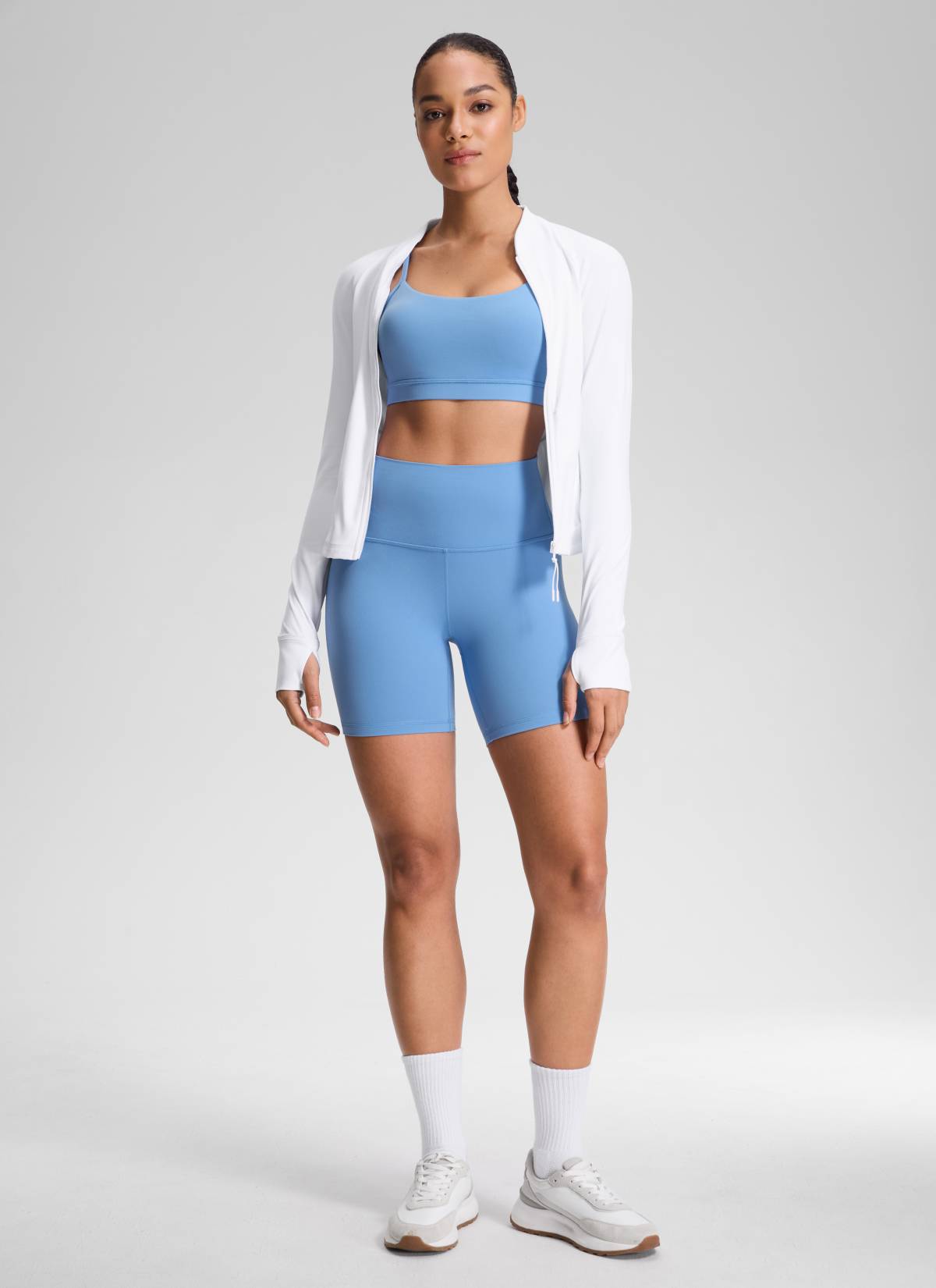 CRZ YOGA Women's Yoga High Rise Biker Shorts Butterluxe Shorts 6'' Party Blue @model_info:Fiona