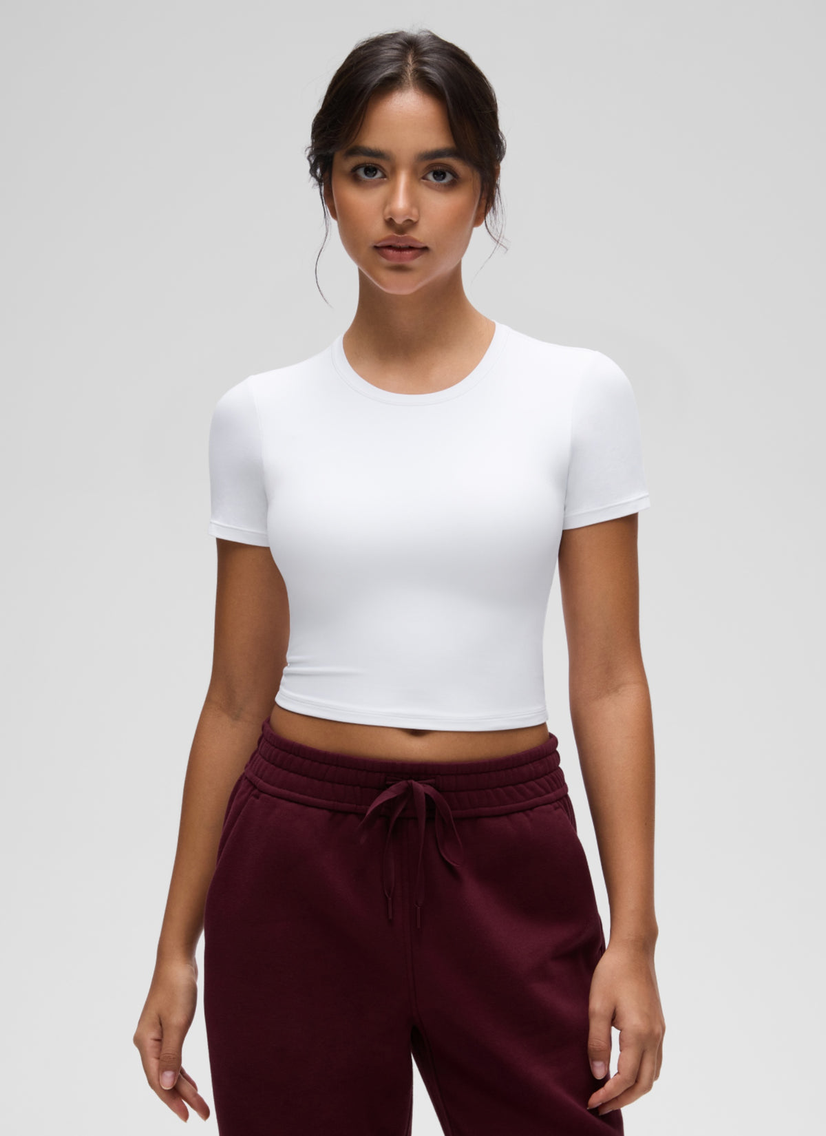 CRZ YOGA Women's Softembrace Casual Crewneck Crop Short Sleeve White @model_info:L
