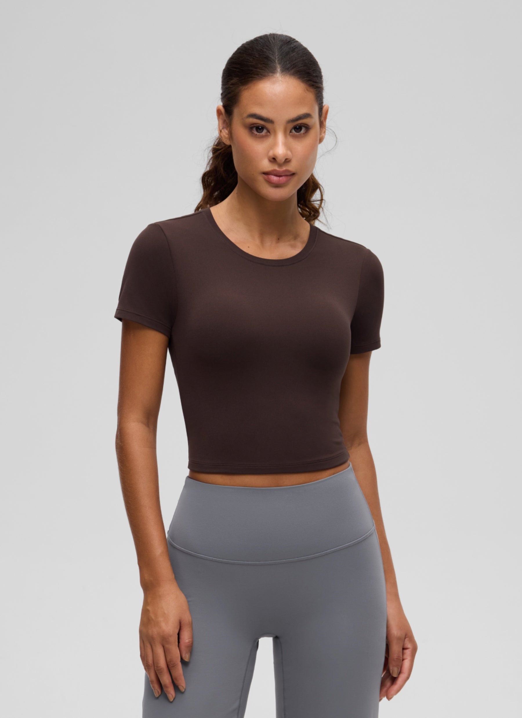 CRZ YOGA Women's Softembrace Casual Crewneck Crop Short Sleeve Hot Fudge Brown @model_info:J