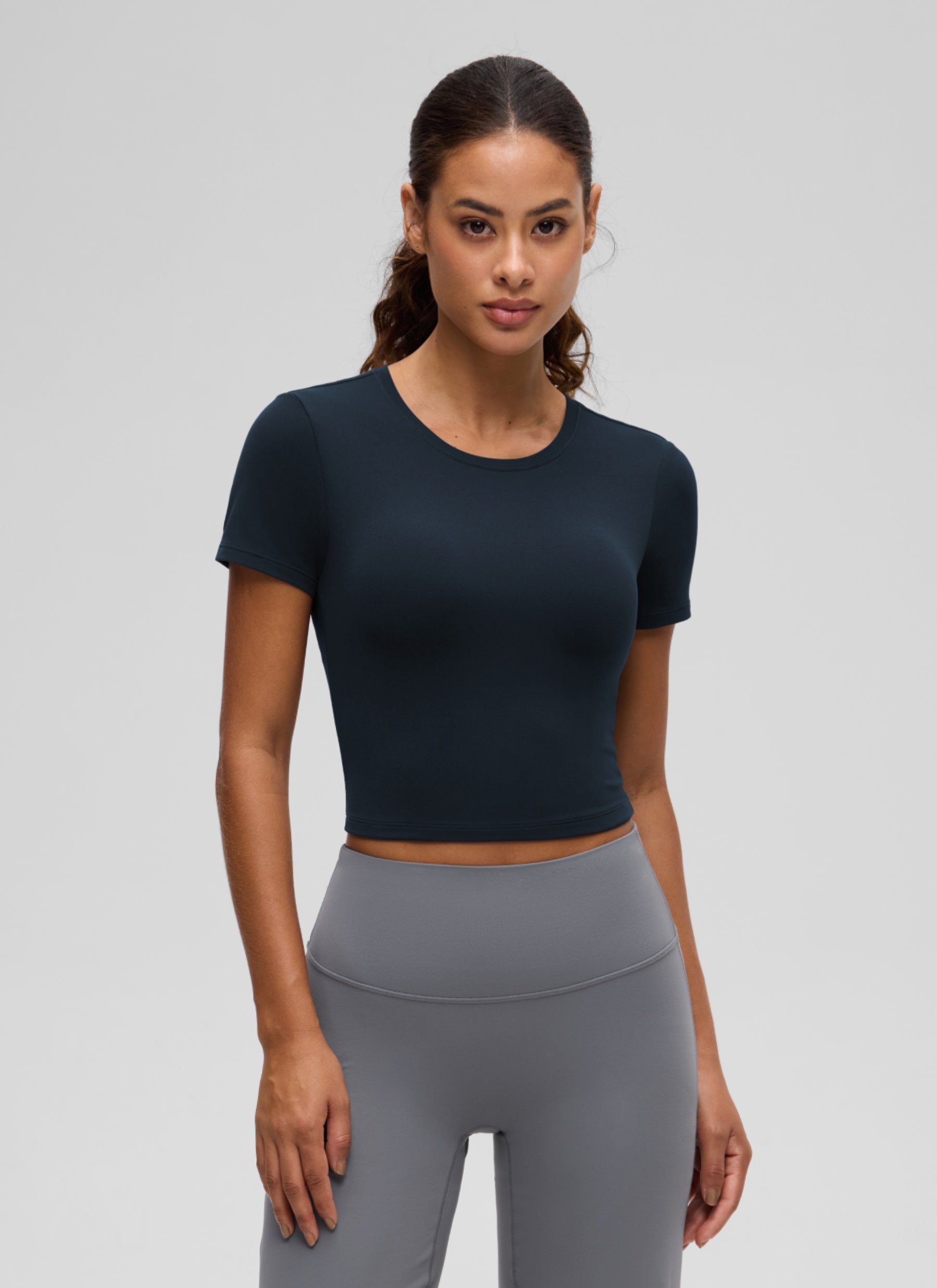 CRZ YOGA Women's Softembrace Casual Crewneck Crop Short Sleeve True Navy @model_info:J