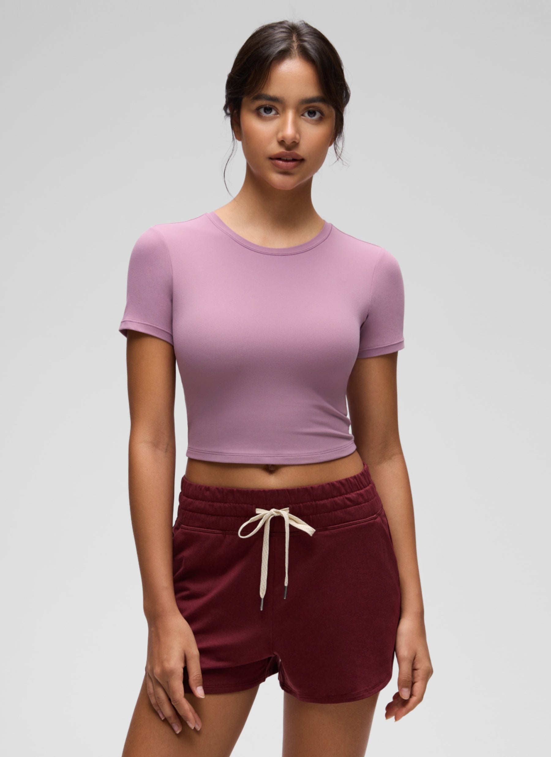 CRZ YOGA Women's Softembrace Casual Crewneck Crop Short Sleeve Light Lavender @model_info:L