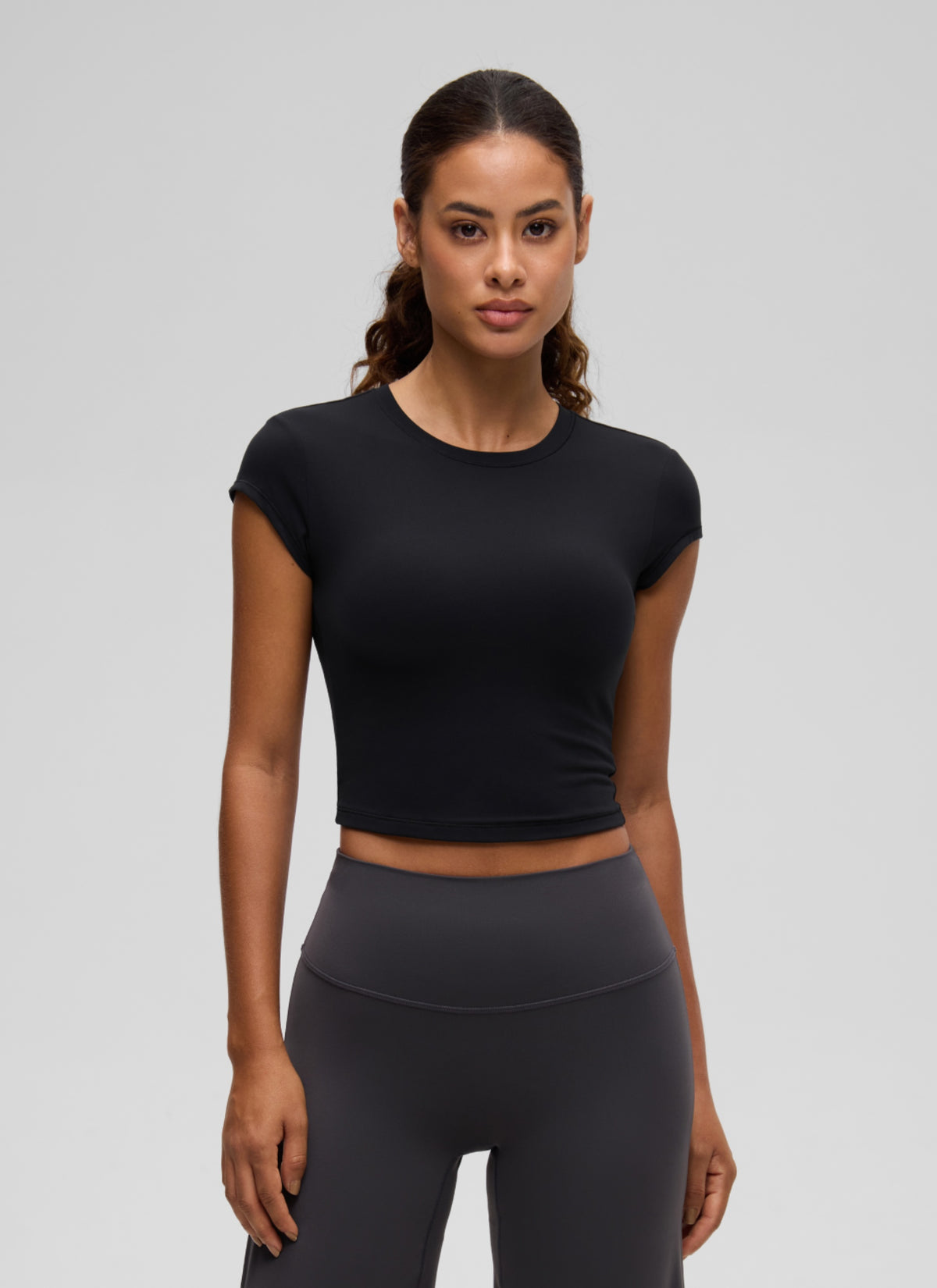 CRZ YOGA Women's Softembrace Casual Crop Double Lined Cap Sleeve Tops Black @model_info:J
