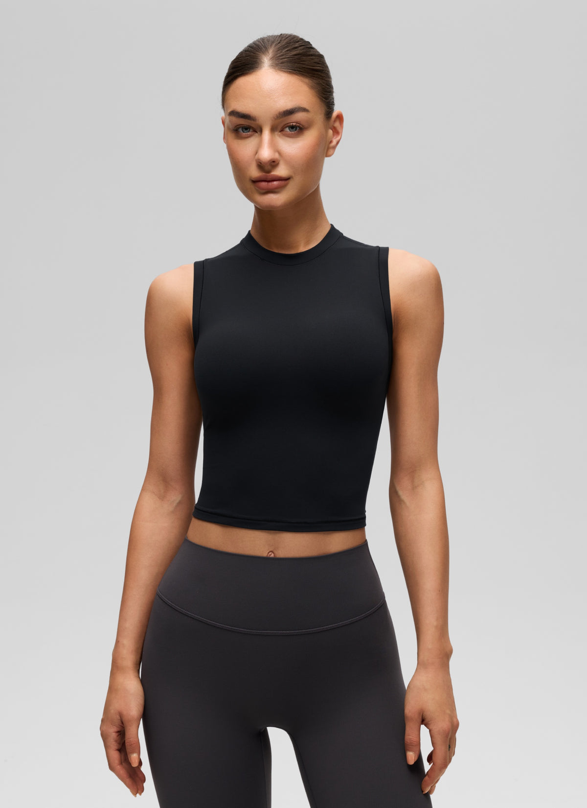 CRZ YOGA Women's Softembrace Casual Crop High Neck Tight Crewneck Tank Black @model_info:K