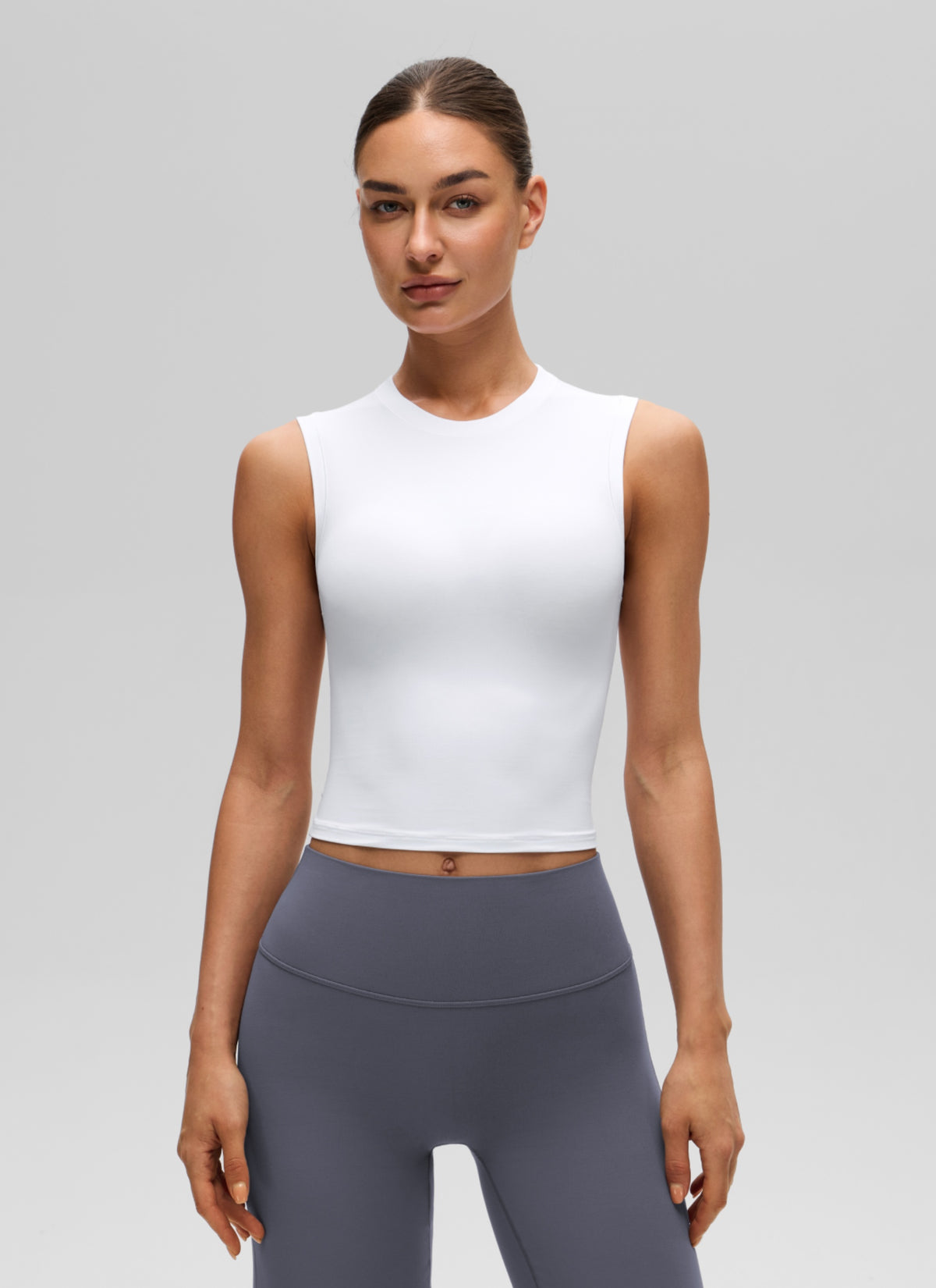 CRZ YOGA Women's Softembrace Casual Crop High Neck Tight Crewneck Tank White @model_info:K