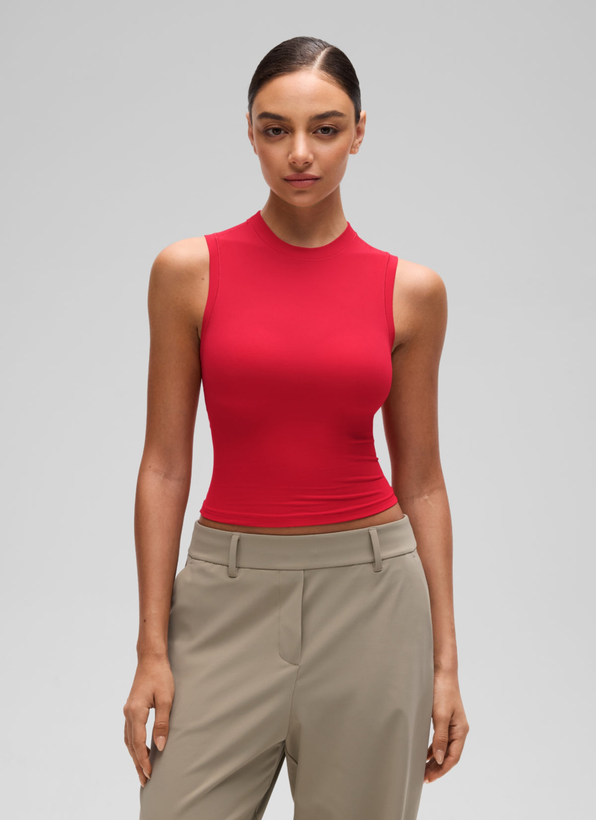 CRZ YOGA Women's Softembrace Casual Crop High Neck Tight Crewneck Tank Aurora Red @model_info:A