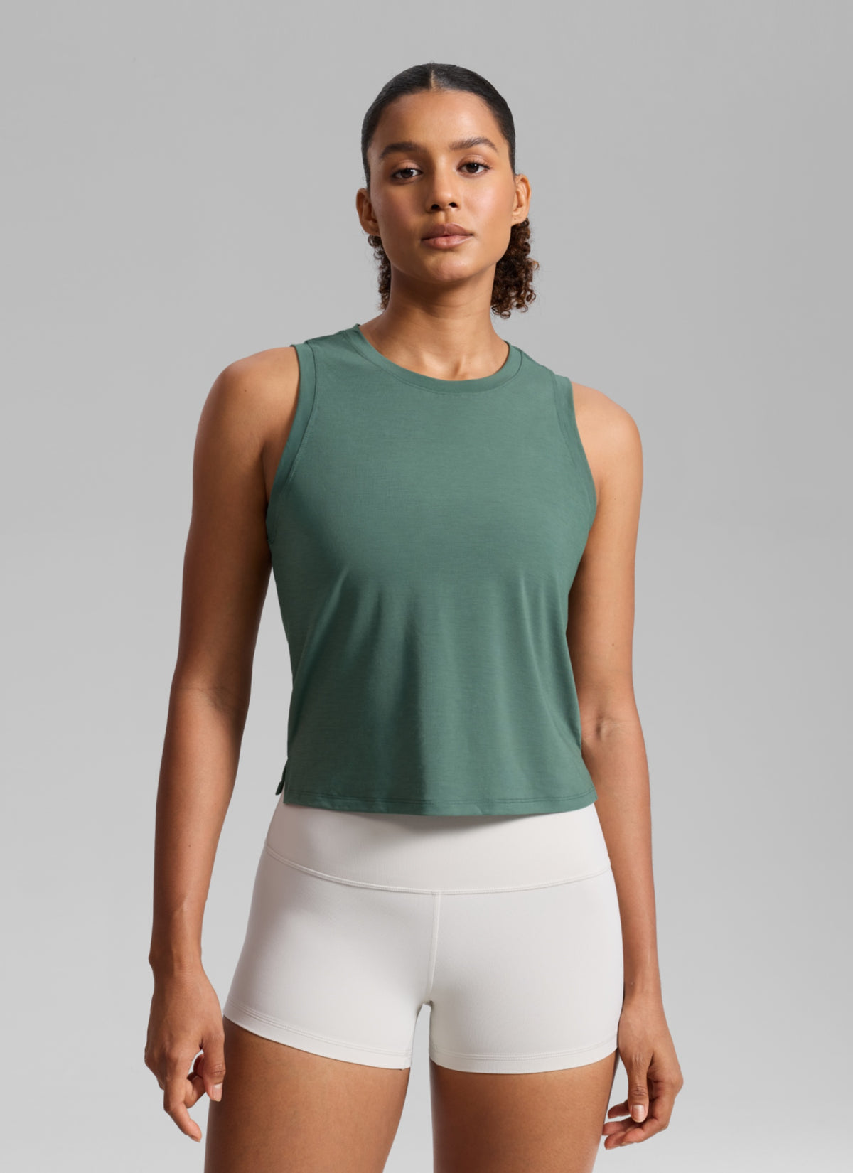 CRZ YOGA Women's Quick Dry Crop Racerback Sleevesless Tank Tops Graphite Green @model_info:B