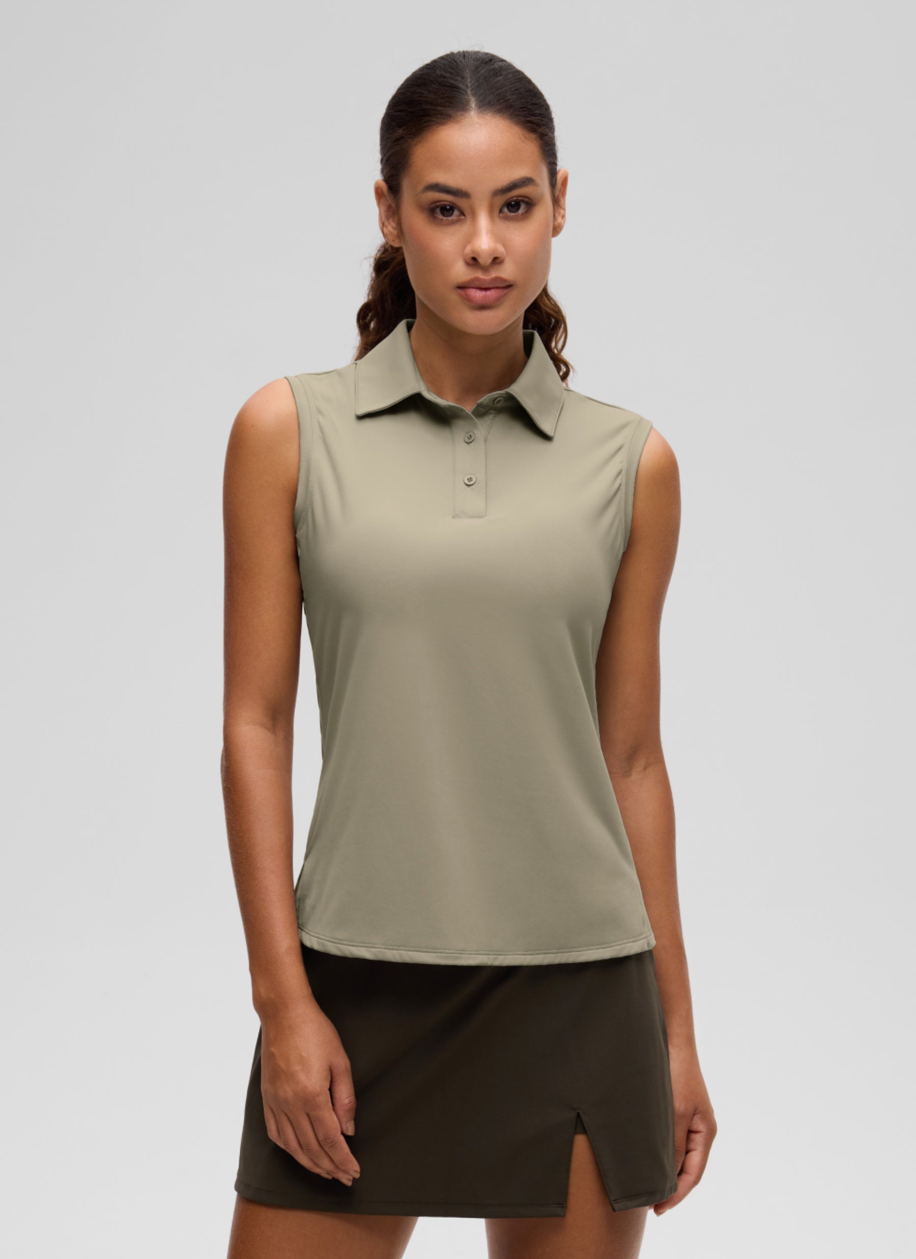 CRZ YOGA Women's Golf Tennis Hip Length Slim Fit Sleeveless Polo Warm Ash Grey @model_info:J