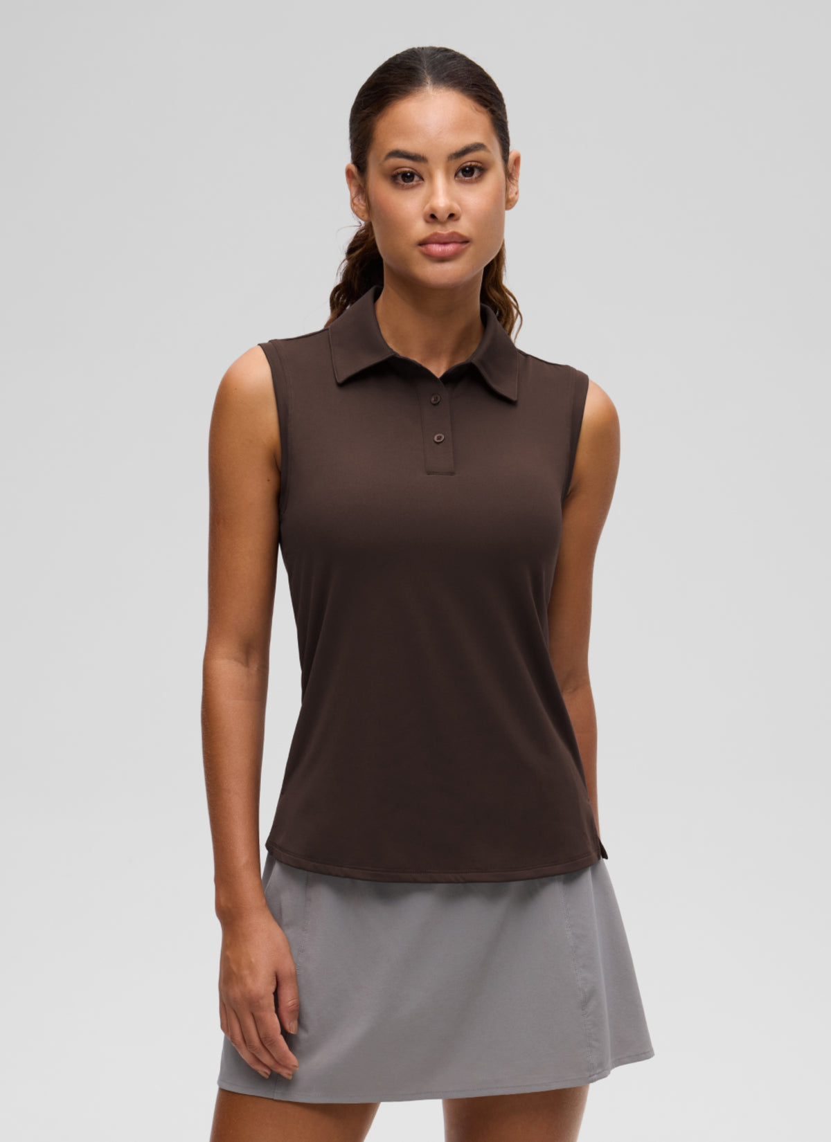 CRZ YOGA Women's Golf Tennis Hip Length Slim Fit Sleeveless Polo Hot Fudge Brown @model_info:J