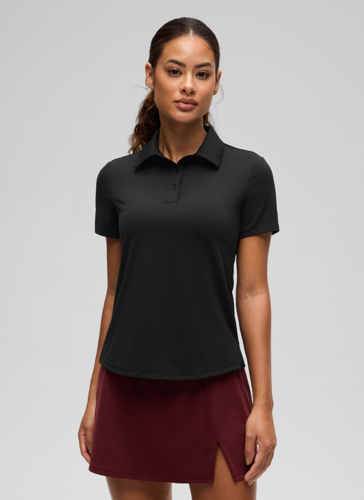 CRZ YOGA Women's Golf Tennis Hip Length Polo Slim Fit Short Sleeve Black @model_info:J