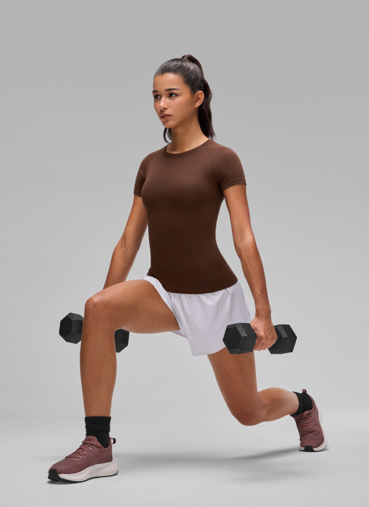 CRZ YOGA Women's Workout Seamless Crewneck Fitted Hip Short Sleeves Lava Brown @model_info:A