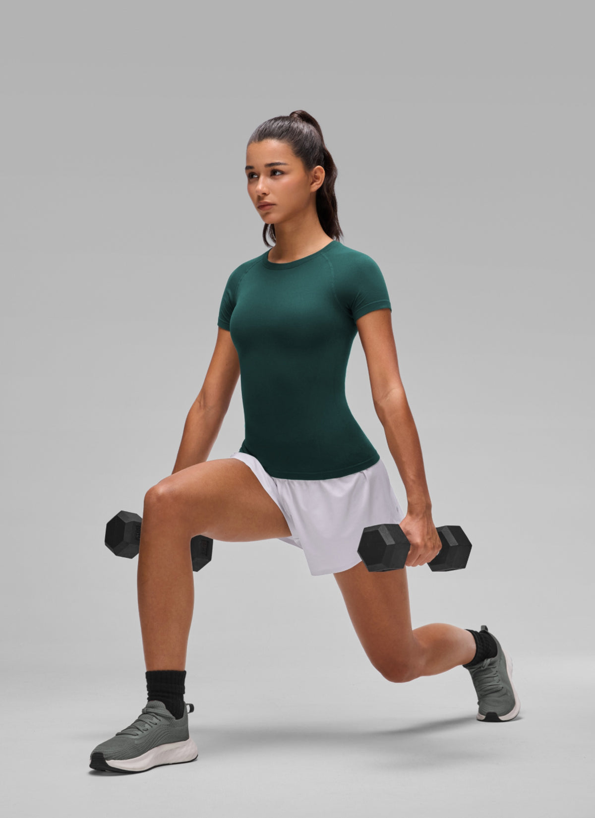 CRZ YOGA Women's Workout Seamless Crewneck Fitted Hip Short Sleeves Forest Green @model_info:A