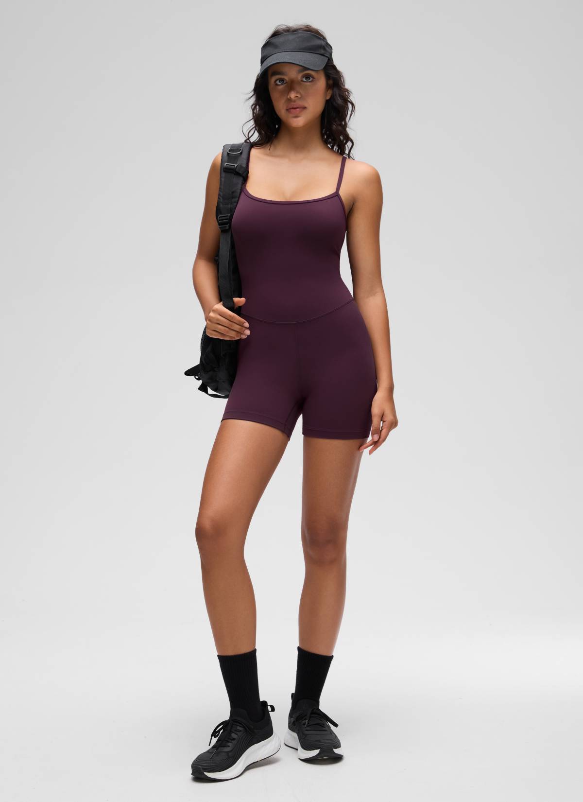 CRZ YOGA Women's Yoga Tight Fit Romper Shorts Bodysuit Jumpsuits Deep Purple @model_info:Liss