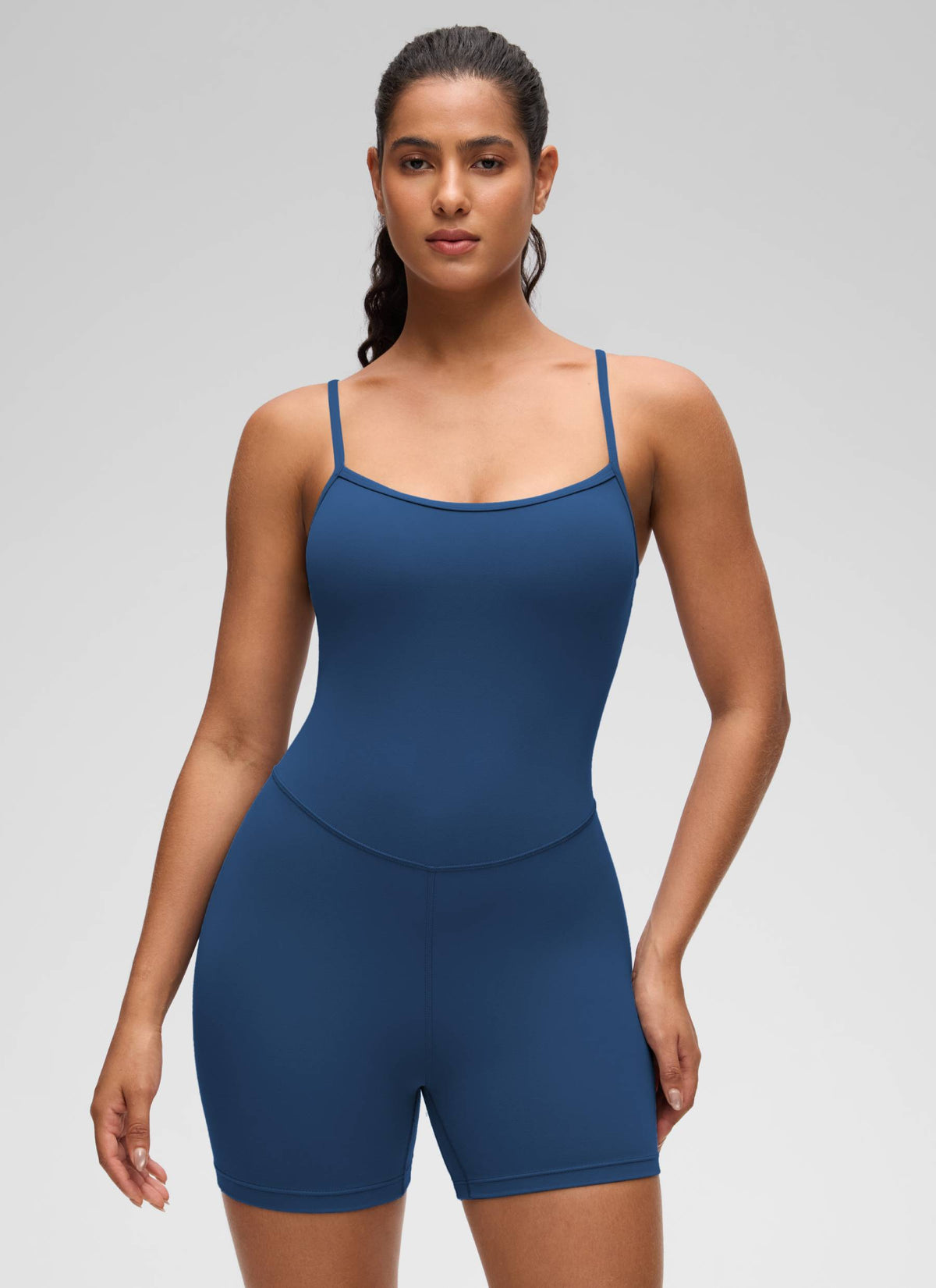 CRZ YOGA Women's Yoga Tight Fit Romper Shorts Bodysuit Jumpsuits French Navy @model_info:Carol