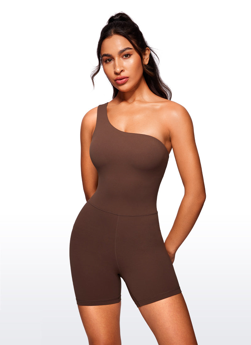 CRZ YOGA Women's Yoga One Shoulder Romper Shorts Bodysuit Jumpsuits Coffee Brown