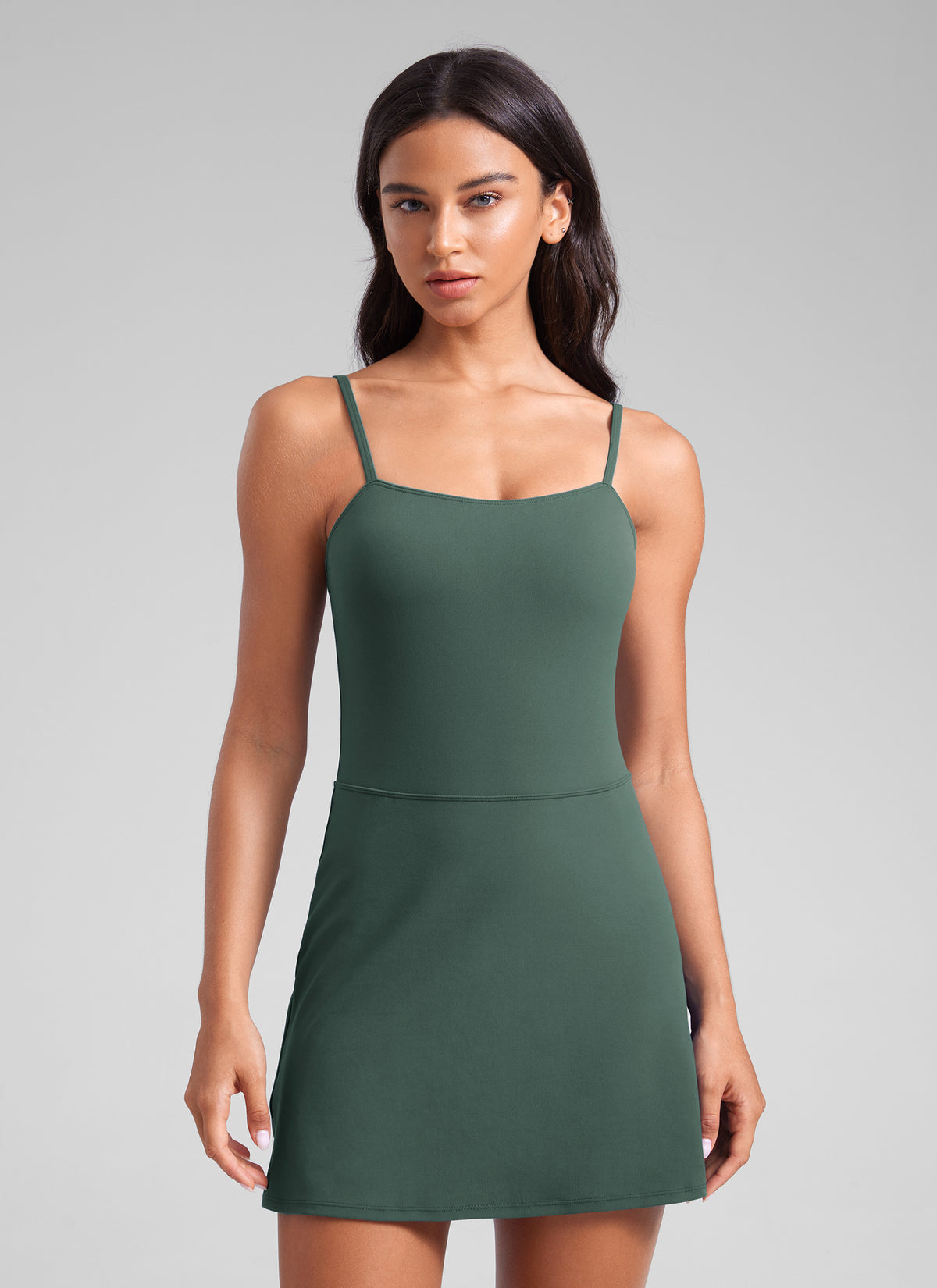 CRZ YOGA Butterluxe Spaghetti Strap Athletic Casual Tennis Dresses Dark Forest Green @model_info:Winma