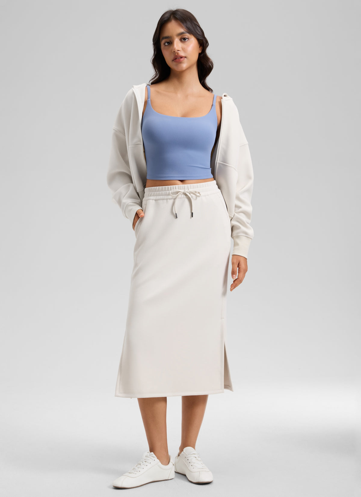 CRZ YOGA Women's SoftAura Midi Pencil Skirts High Waisted Drawstring Milky White @model_info:L