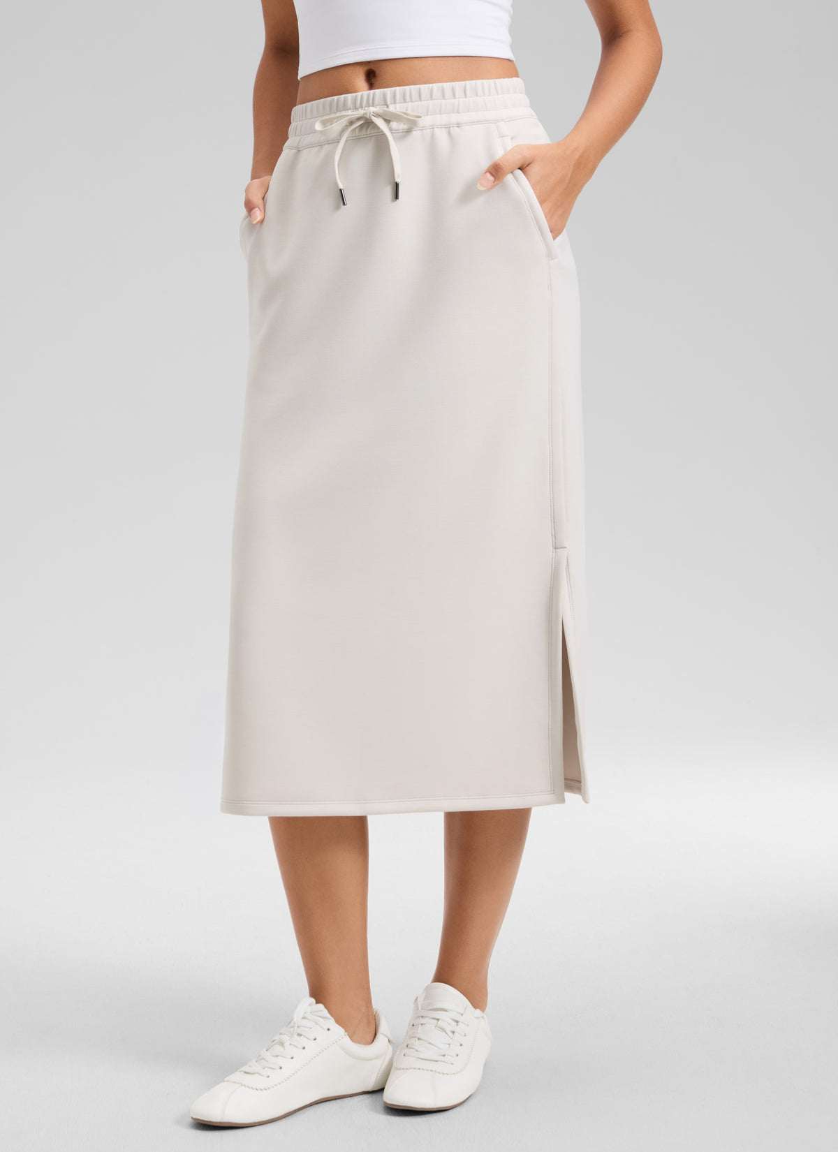 CRZ YOGA Women's SoftAura Midi Pencil Skirts High Waisted Drawstring Milky White @model_info:L