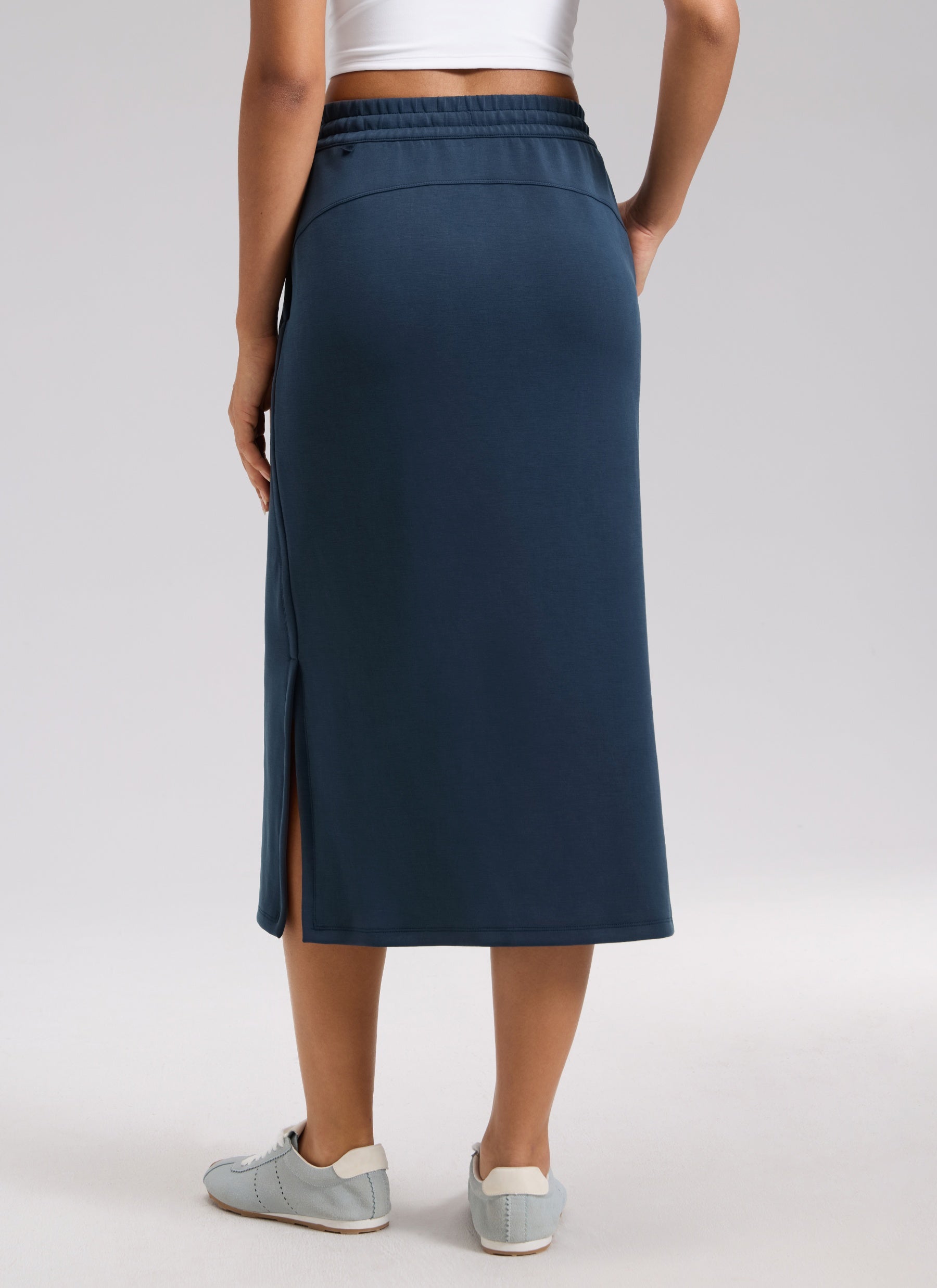 CRZ YOGA Women's SoftAura Midi Pencil Skirts High Waisted Drawstring Ink Blue @model_info:L