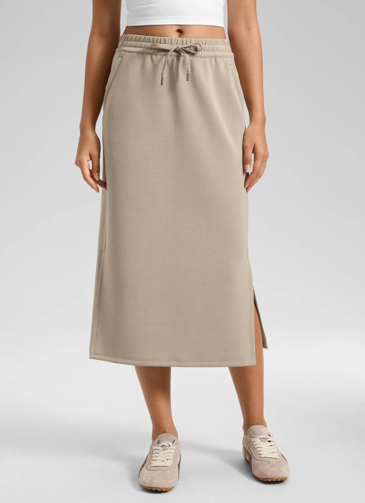 CRZ YOGA Women's SoftAura Midi Pencil Skirts High Waisted Drawstring Oak @model_info:L