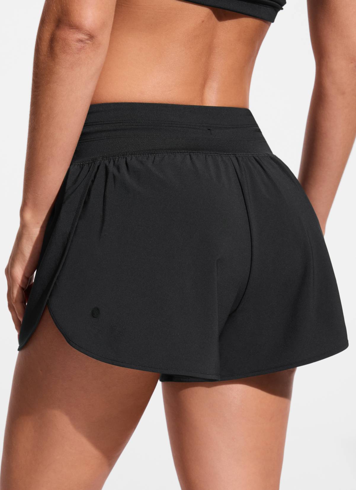 CRZ YOGA Women's Swimwear Feathery-Fit Split Dolphin Swim Shorts 2.5'' Black @model_info:Aline