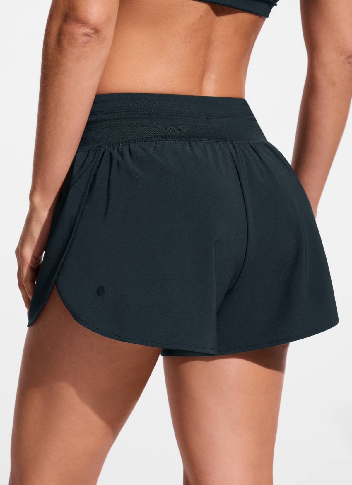 CRZ YOGA Women's Swimwear Feathery-Fit Split Dolphin Swim Shorts 2.5'' True Navy @model_info:Aline