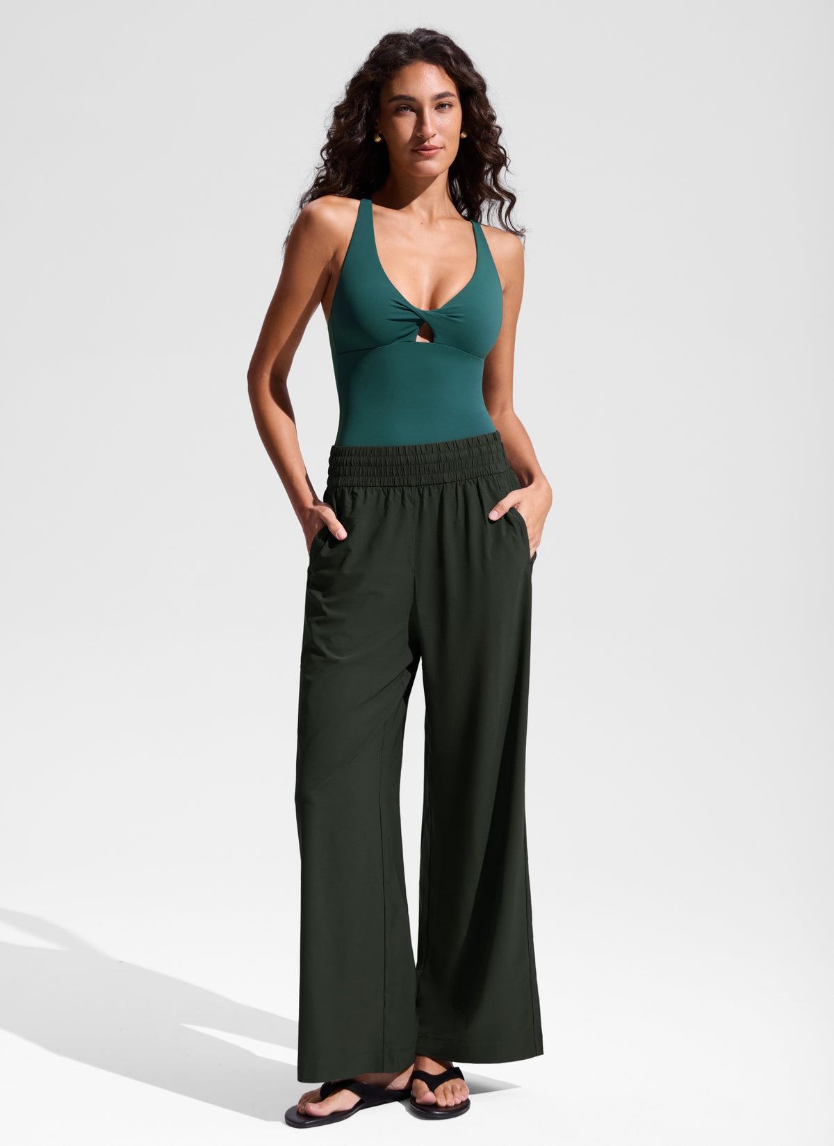 CRZ YOGA Women's Nexfeel Twist Cut Out One Piece Swimsuit Forest Green @model_info:V
