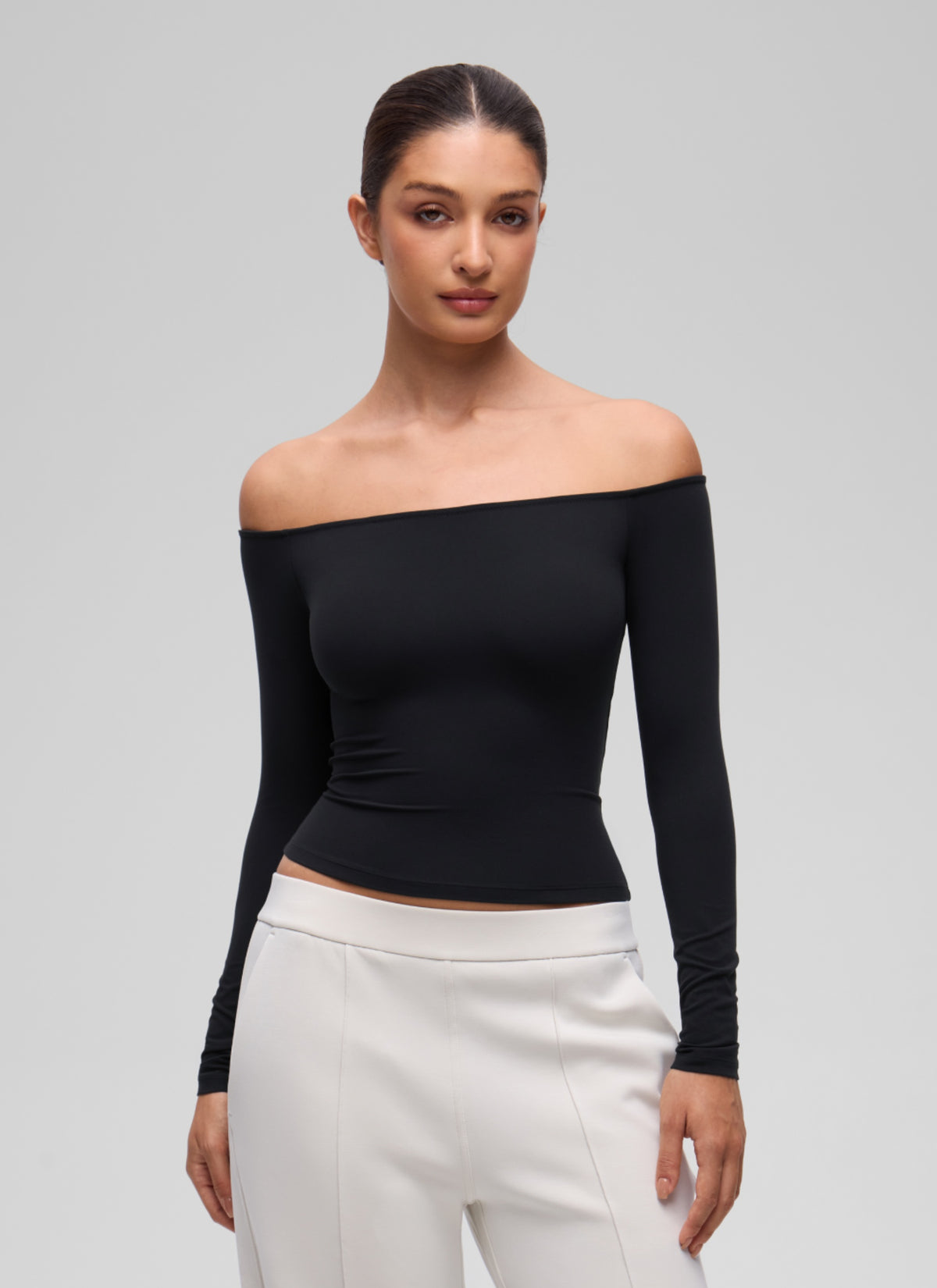 CRZ YOGA Women's Casual Softembrace Off Shoulder Tight Fit Long Sleeve Black @model_info:I