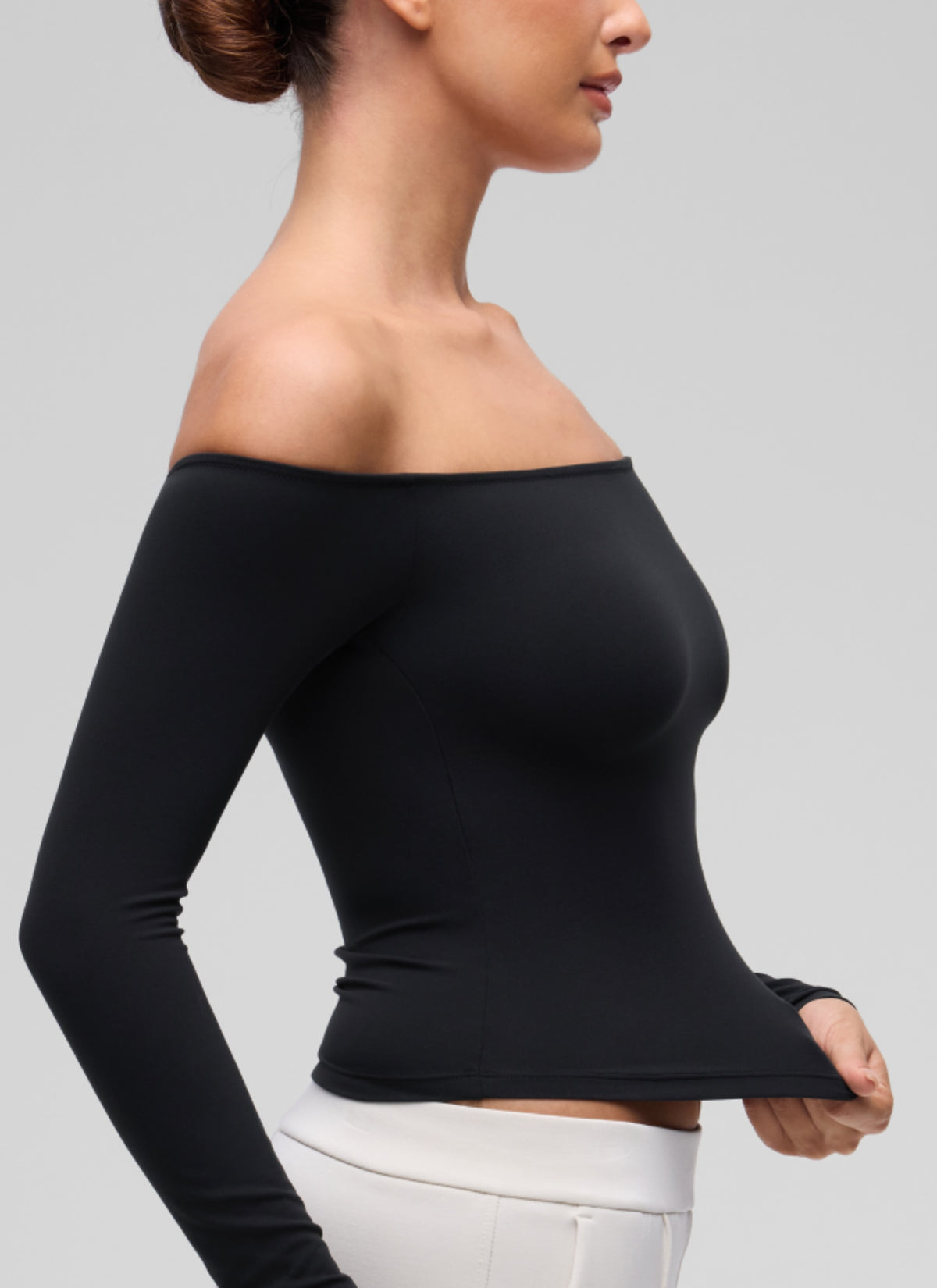 CRZ YOGA Women's Casual Softembrace Off Shoulder Tight Fit Long Sleeve Black @model_info:I