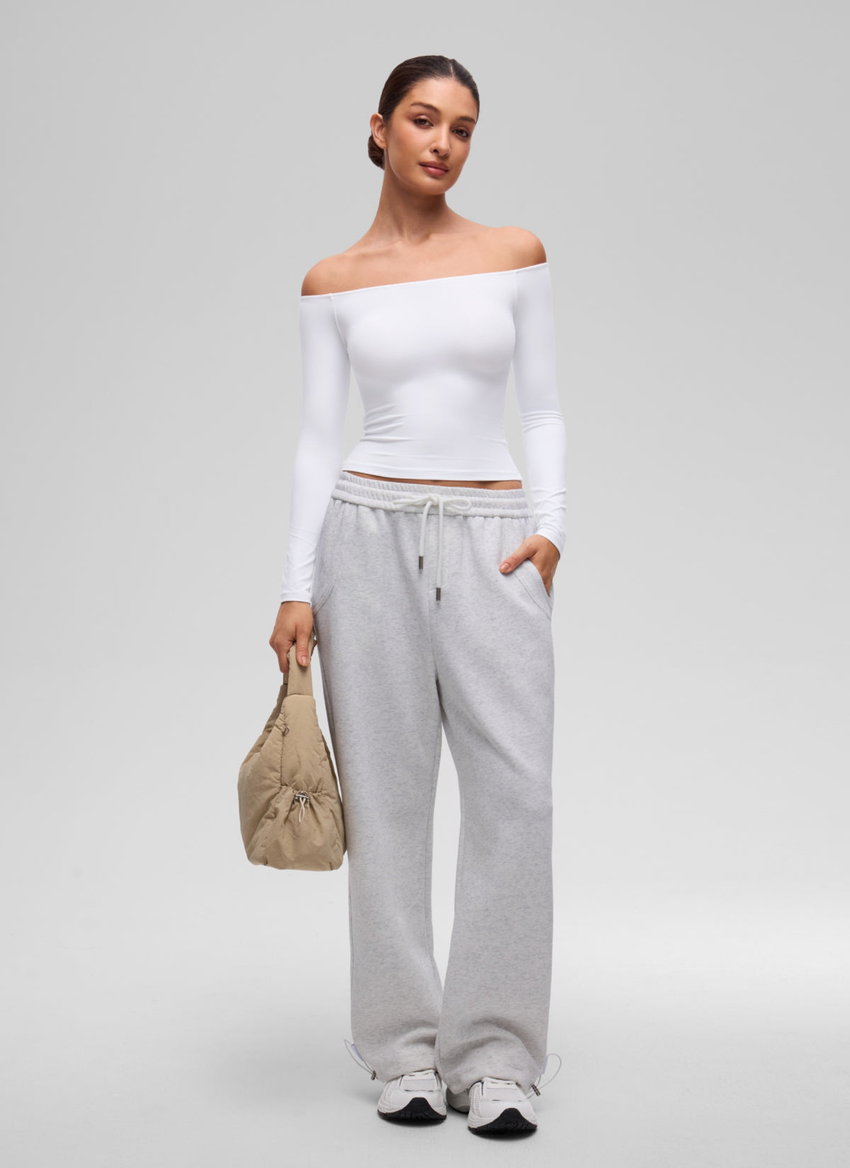 CRZ YOGA Women's Casual Softembrace Off Shoulder Tight Fit Long Sleeve White @model_info:I