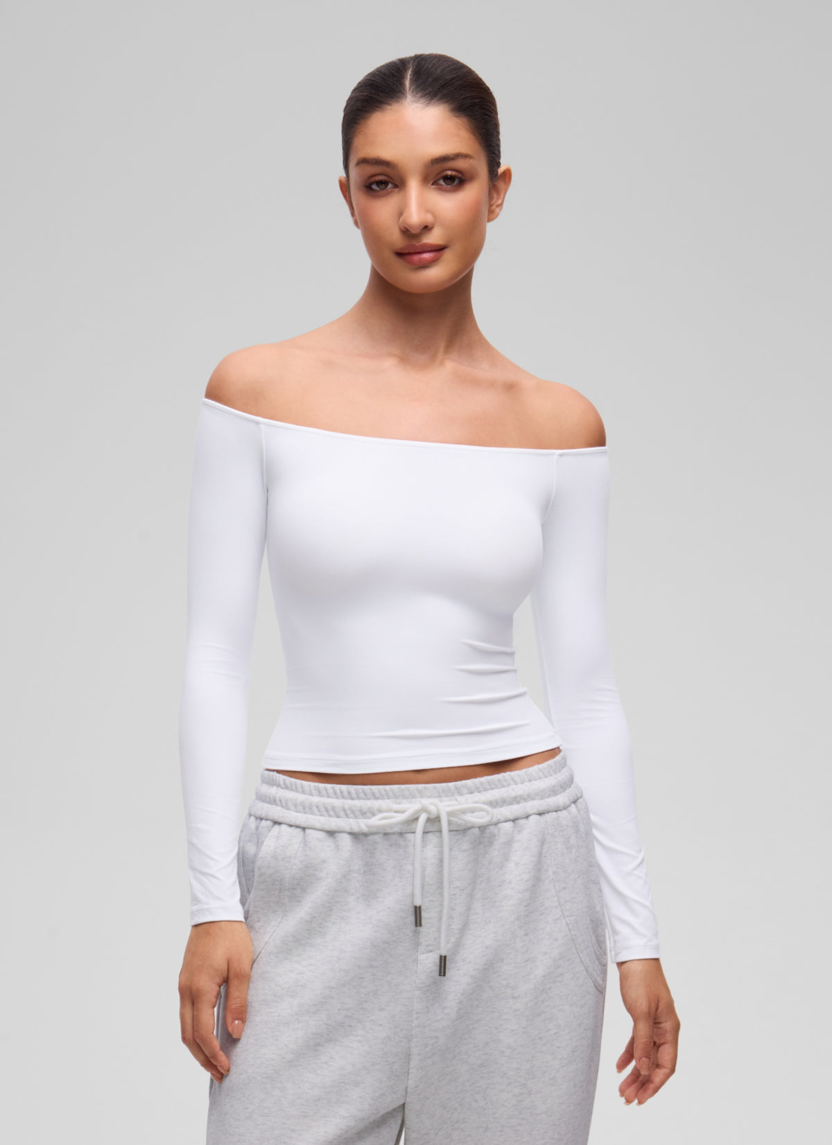 CRZ YOGA Women's Casual Softembrace Off Shoulder Tight Fit Long Sleeve White @model_info:I