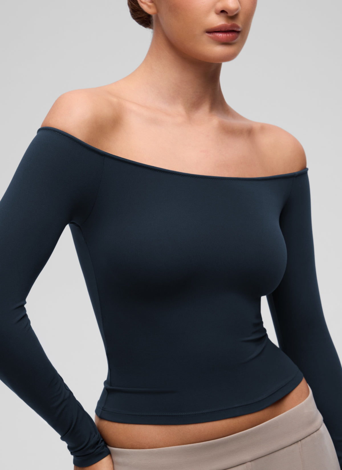 CRZ YOGA Women's Casual Softembrace Off Shoulder Tight Fit Long Sleeve True Navy @model_info:I