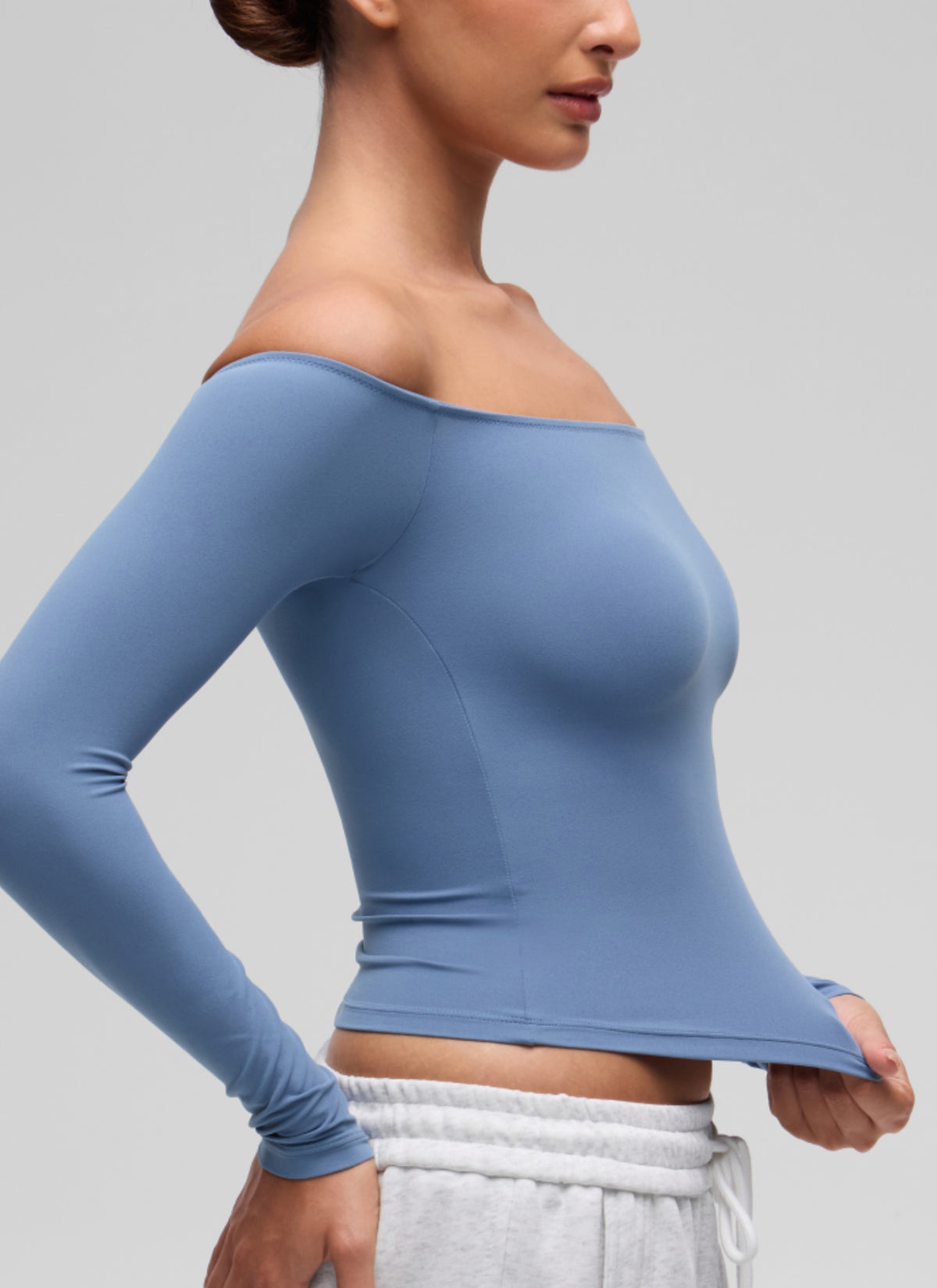 CRZ YOGA Women's Casual Softembrace Off Shoulder Tight Fit Long Sleeve Oasis Blue @model_info:I