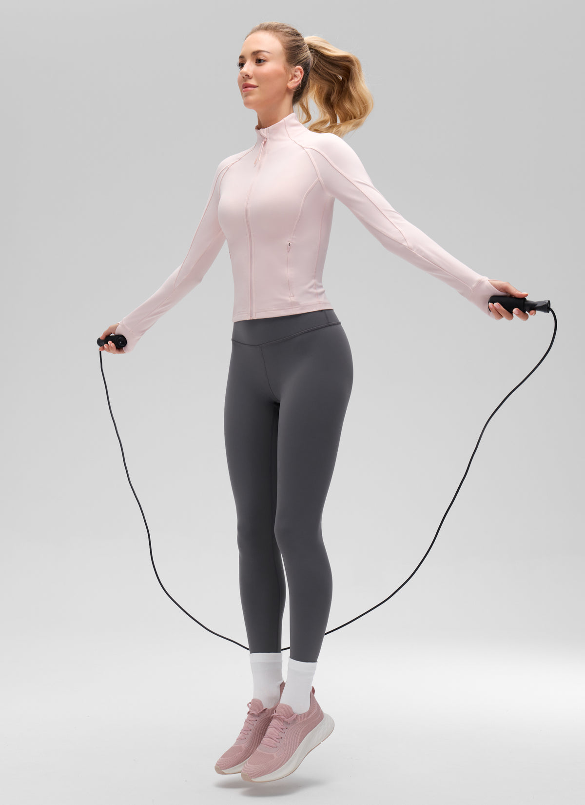 CRZ YOGA Women's Butterluxe Cropped Pocket Outerwear Full Zip Jackets Strawberry Pink @model_info:Anna