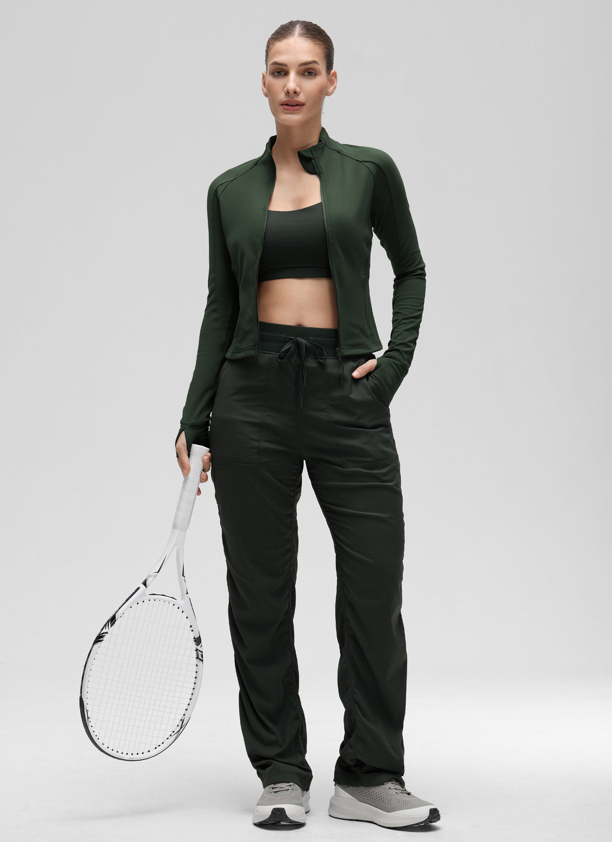 CRZ YOGA Women's Butterluxe Cropped Pocket Outerwear Full Zip Jackets Legend Green @model_info:J