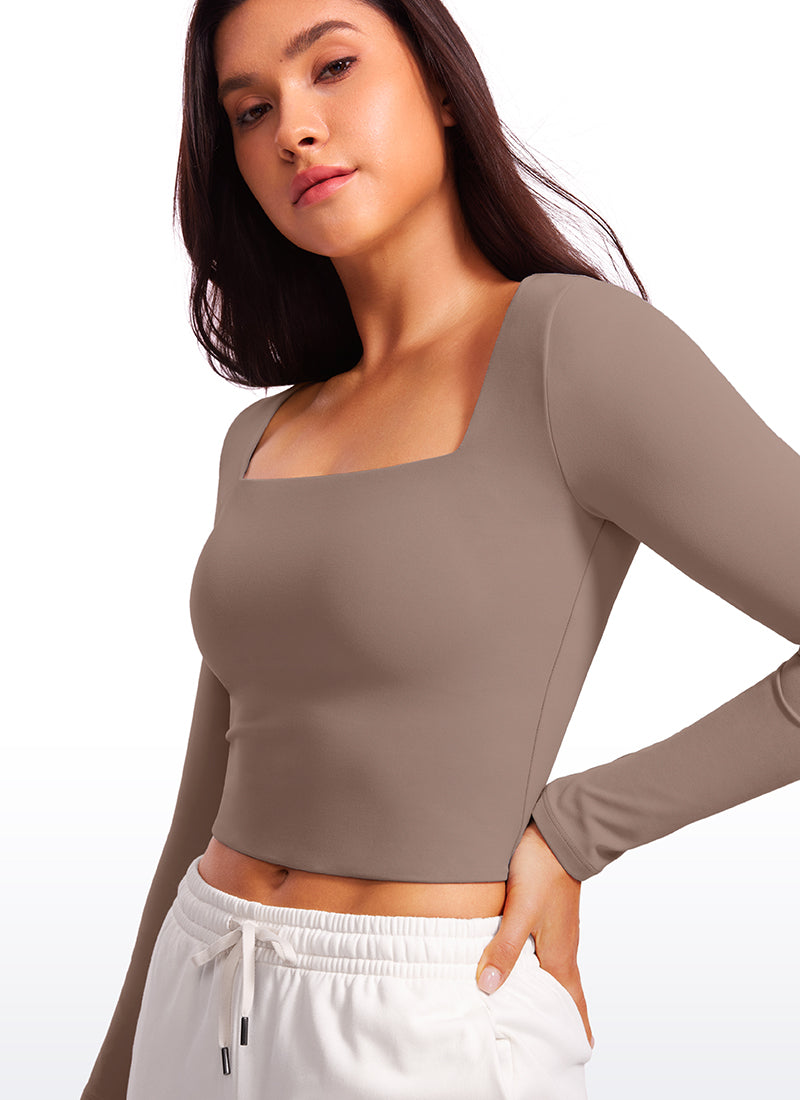 CRZ YOGA Women's Tight Fit Butterluxe Yoga Crop Long Sleeves Square Neck Brown Purple