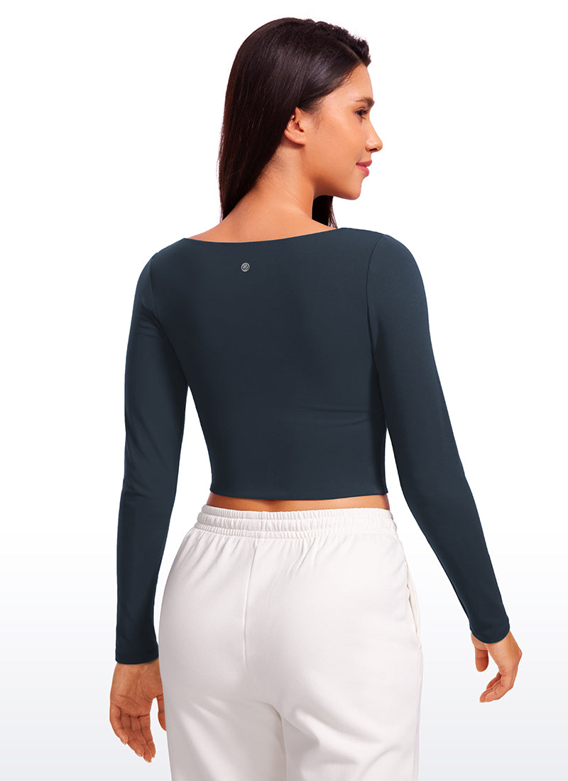 CRZ YOGA Women's Tight Fit Butterluxe Yoga Crop Long Sleeves Square Neck True Navy