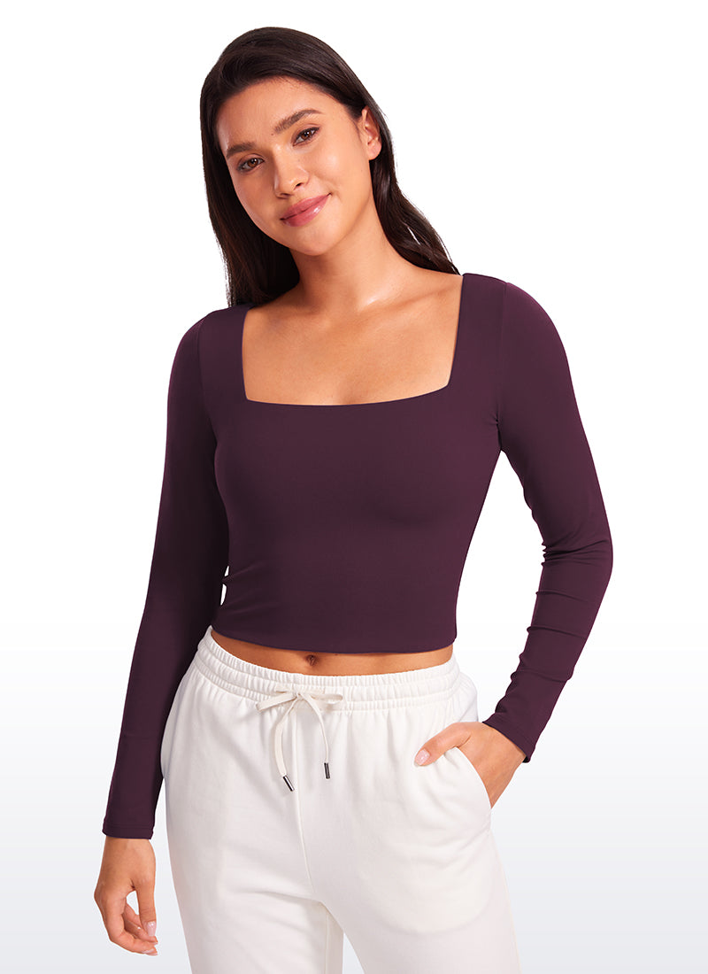 CRZ YOGA Women's Tight Fit Butterluxe Yoga Crop Long Sleeves Square Neck Deep Purple
