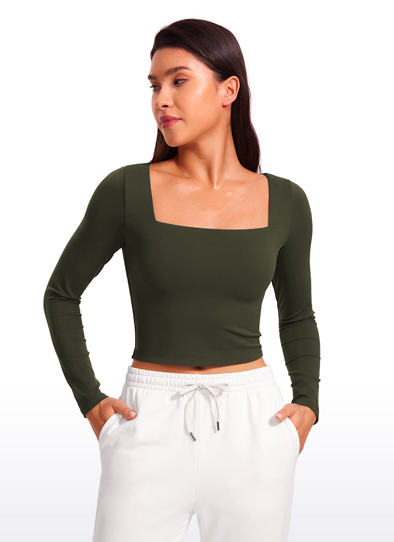 CRZ YOGA Women's Tight Fit Butterluxe Yoga Crop Long Sleeves Square Neck Olive Green