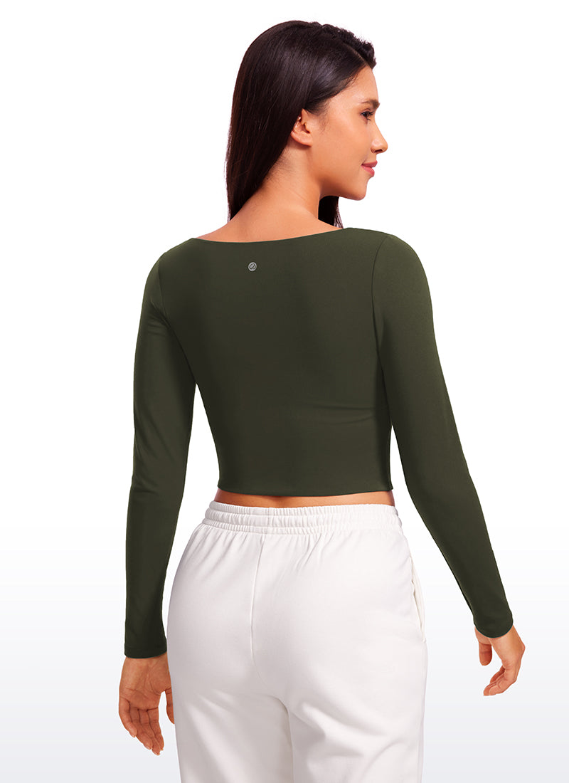 CRZ YOGA Women's Tight Fit Butterluxe Yoga Crop Long Sleeves Square Neck Olive Green